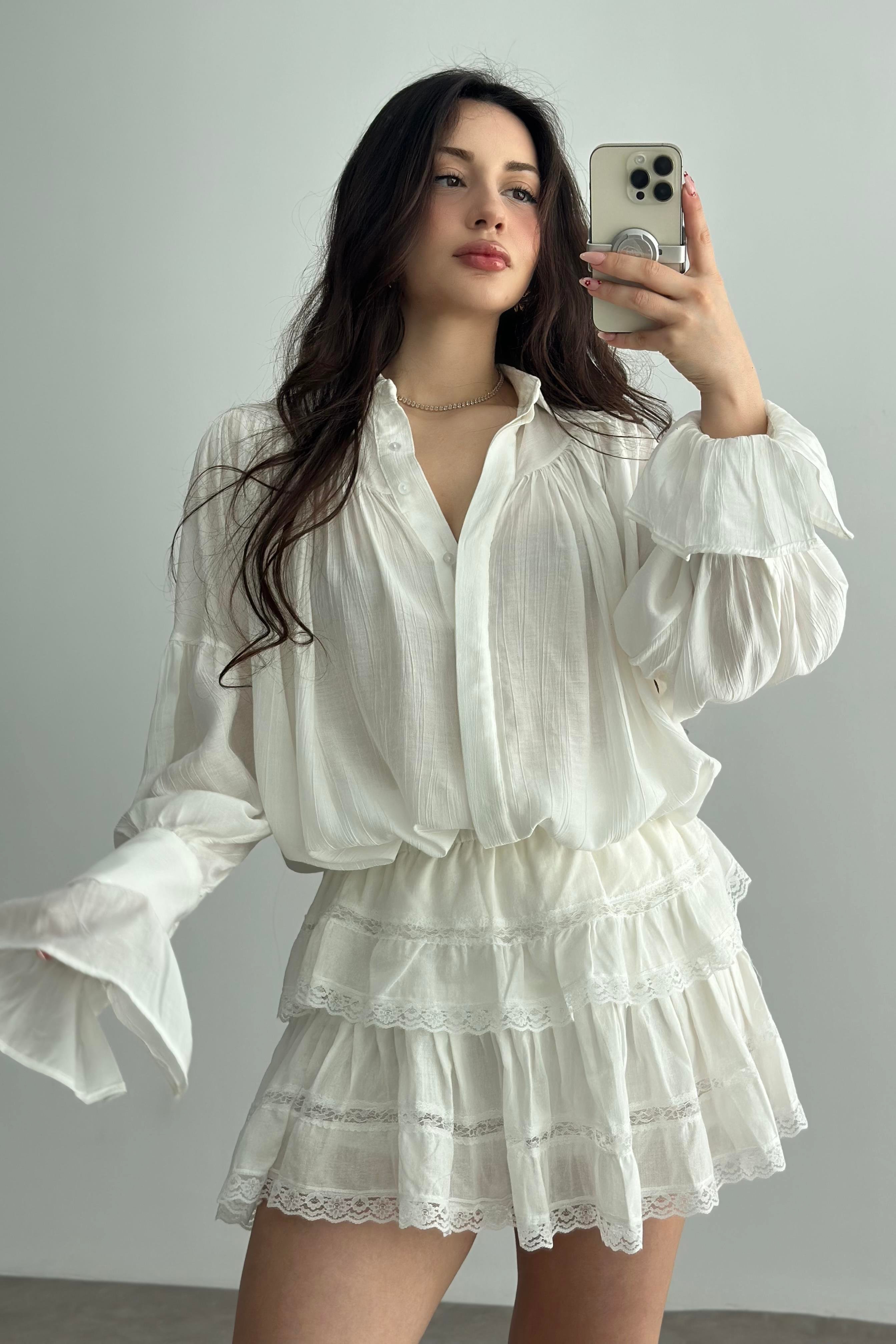 Dantel Katlı Pamuk Dokuma Ekru Etek