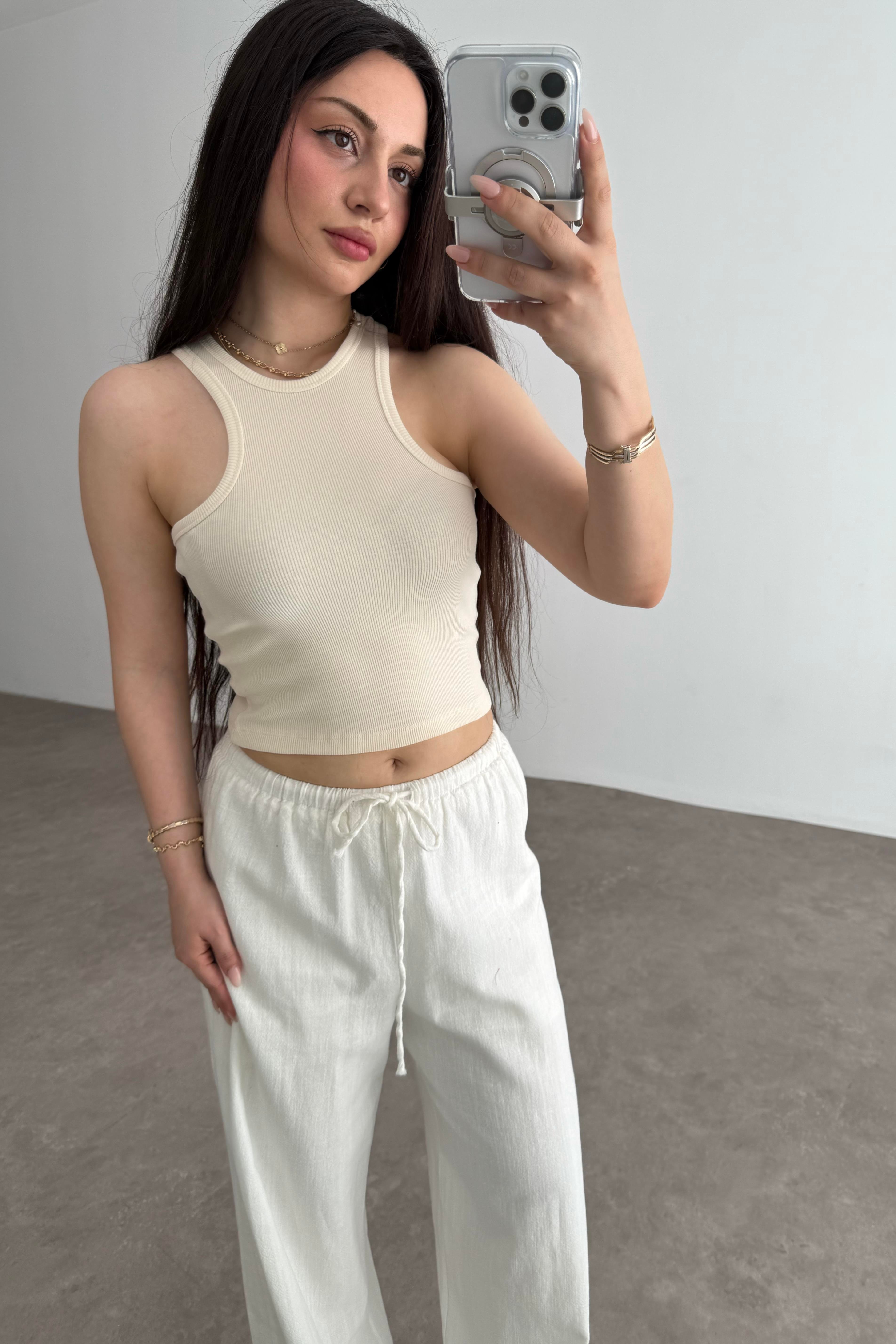 Derin Halter Yaka Fitilli Atlet Ekru