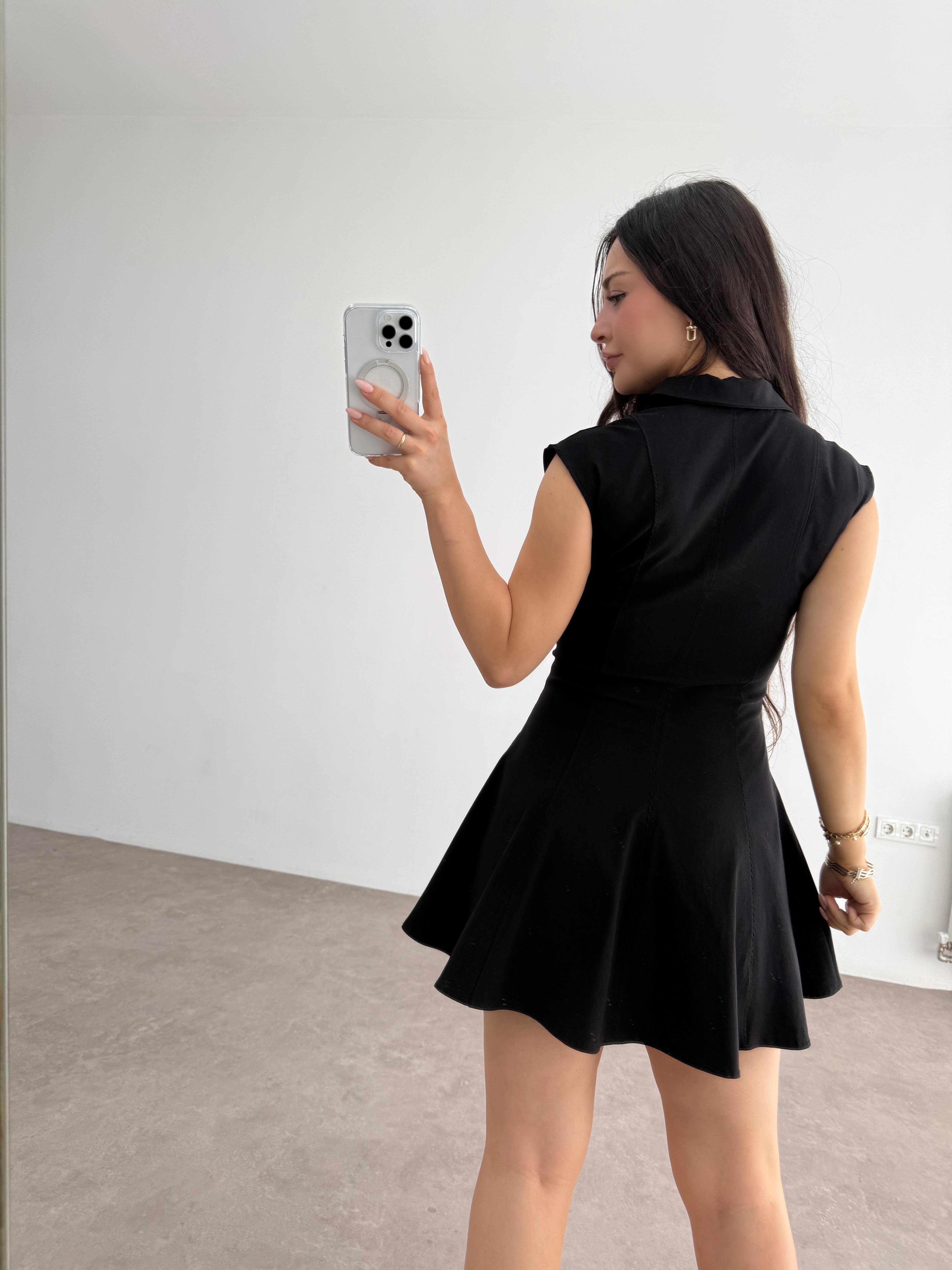 Fermuarlı Kloş Etekli Yakalı Mini Elbise