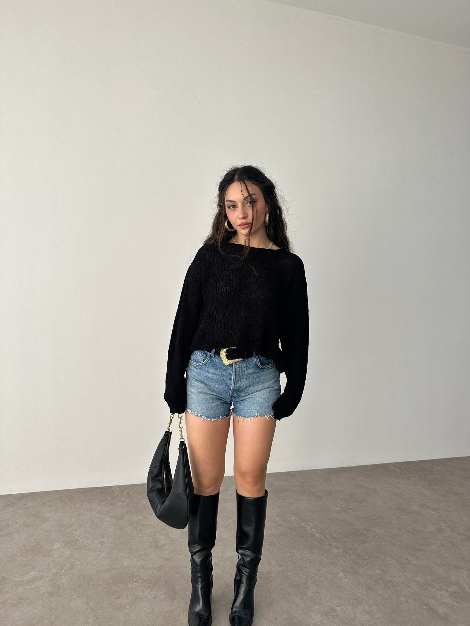 Gevşek Örgü Salaş Merserize Siyah Triko