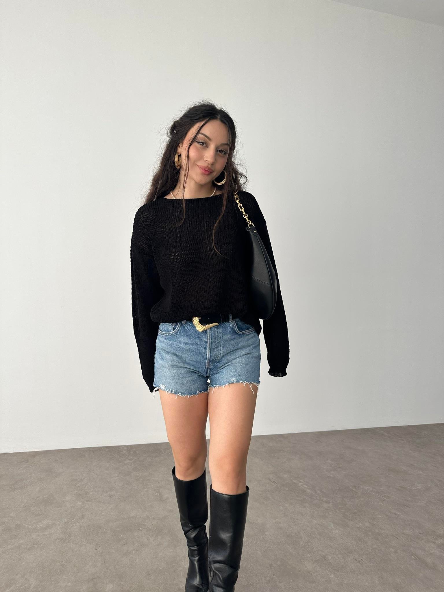 Gevşek Örgü Salaş Merserize Siyah Triko