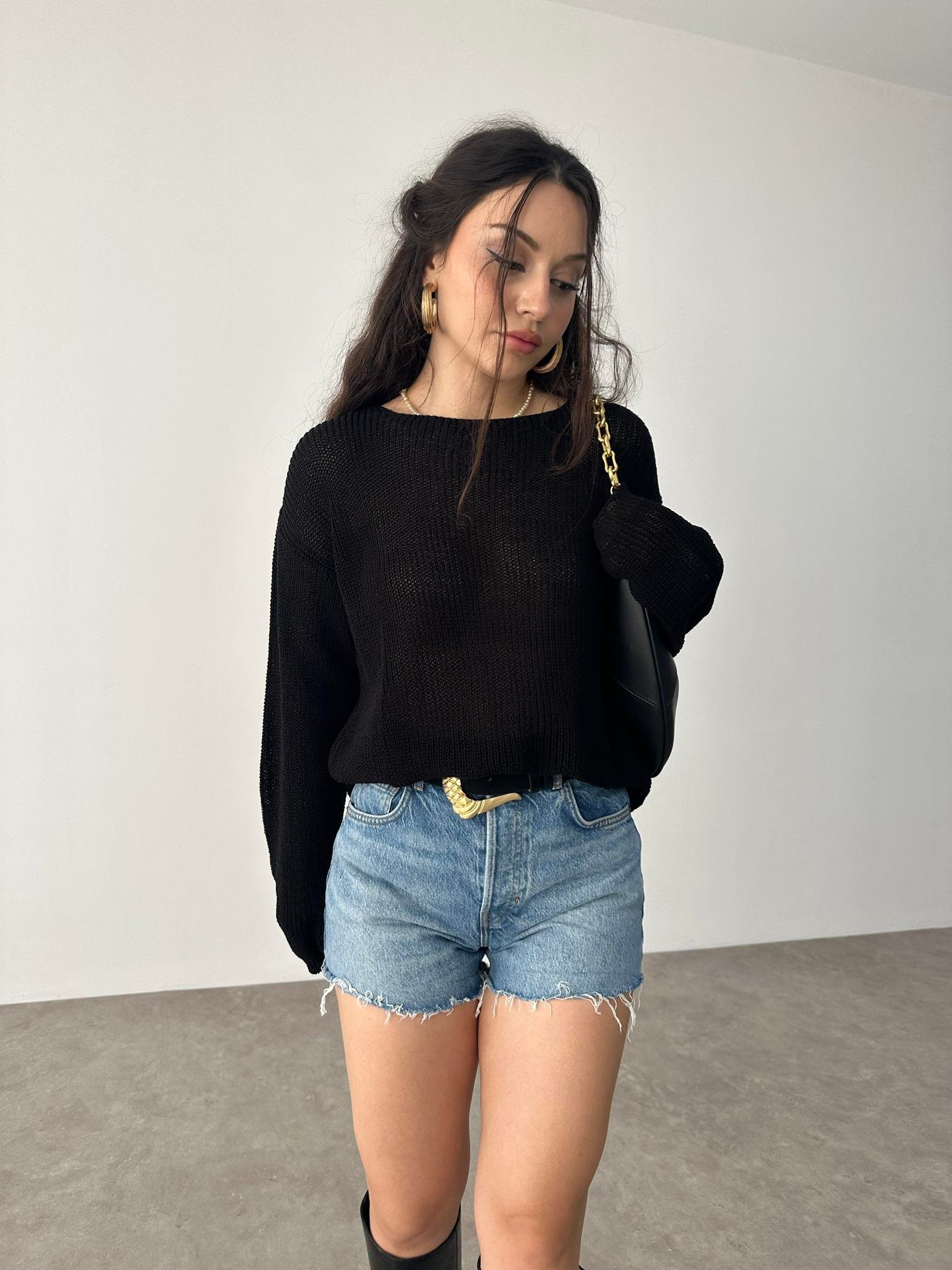 Gevşek Örgü Salaş Merserize Siyah Triko