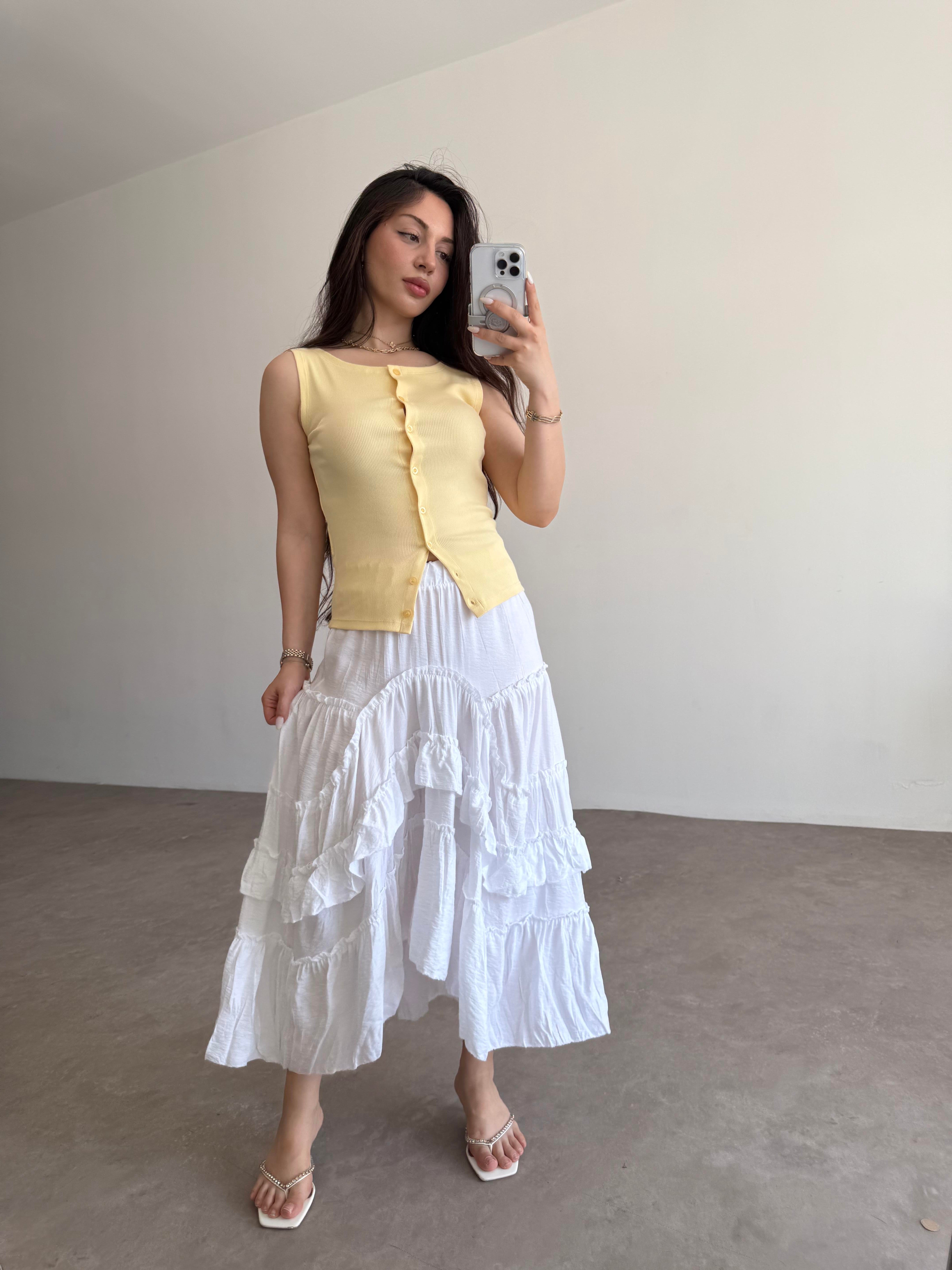 Katlı Volanlı Beyaz Midi Etek 