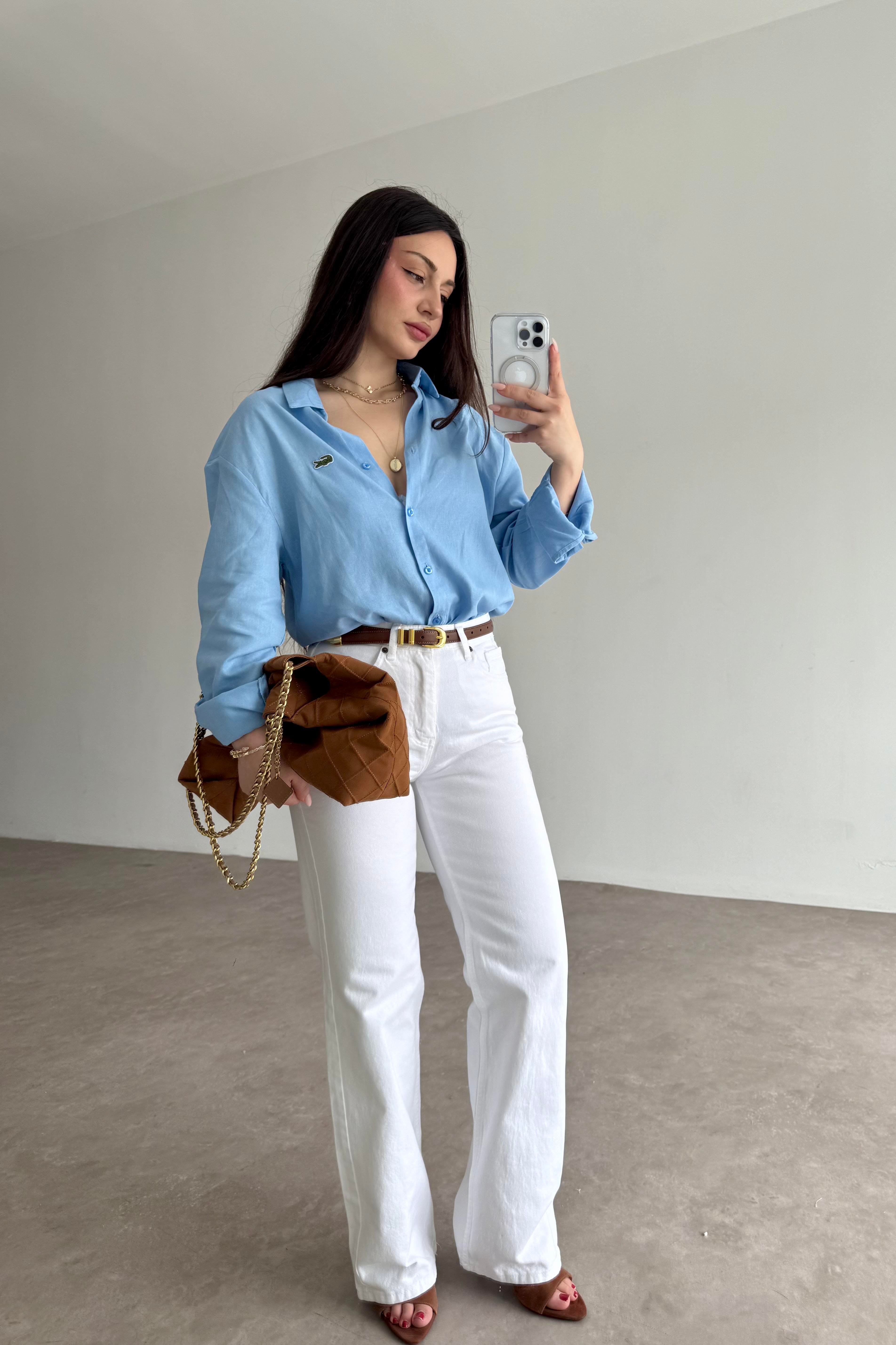 Lcst Keten Düz Kesim Mavi Gömlek