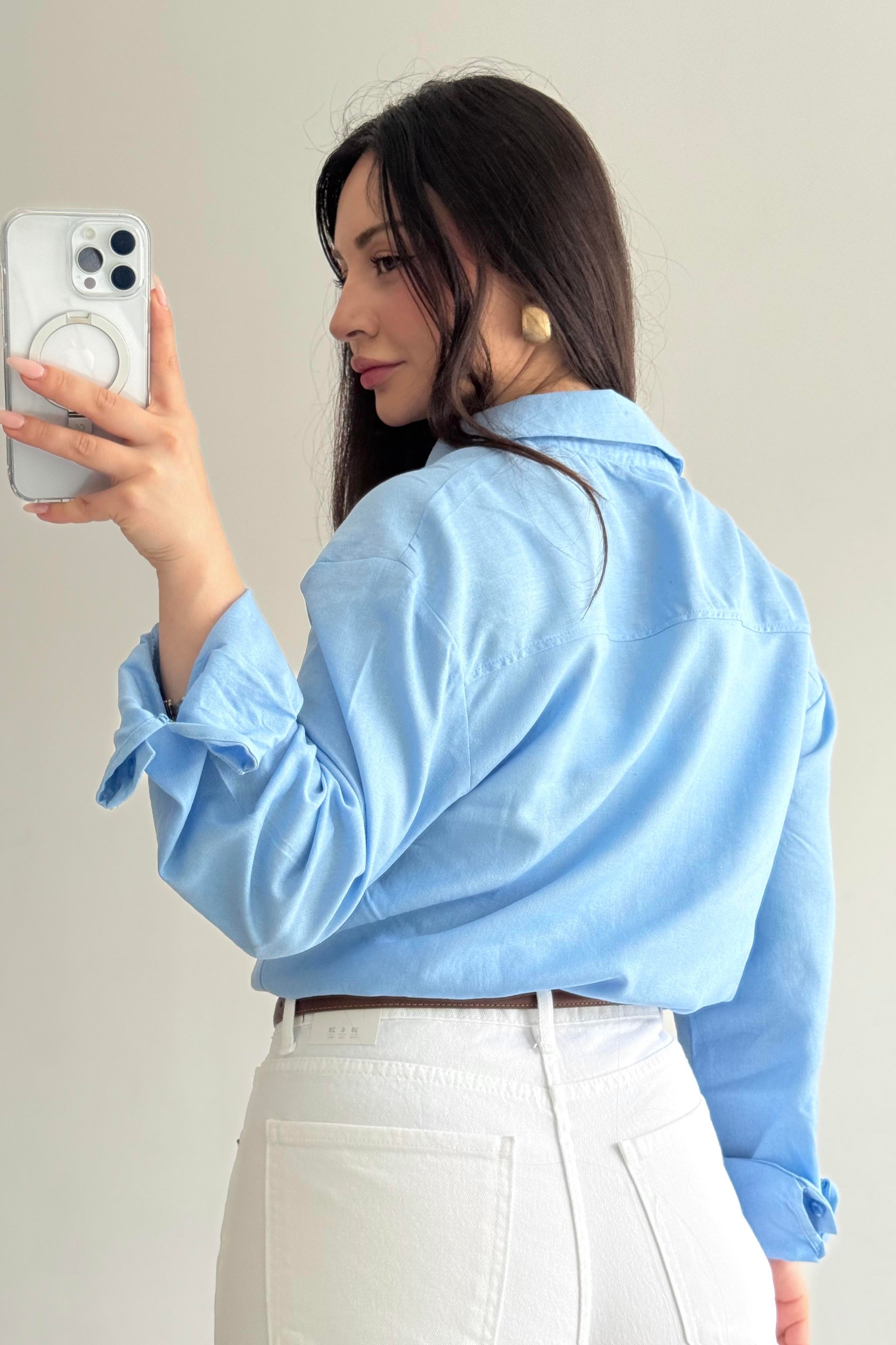 Lcst Keten Düz Kesim Mavi Gömlek