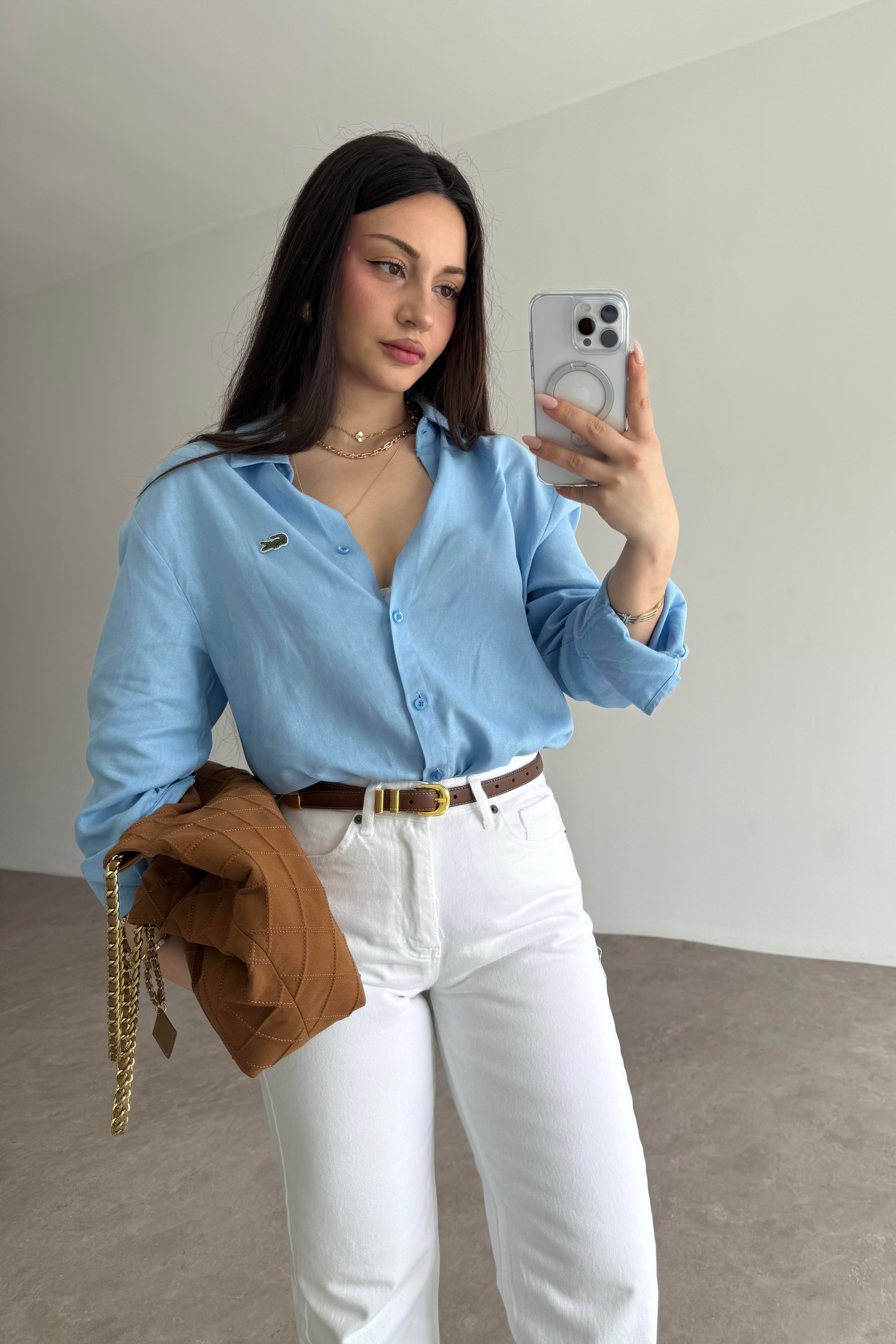 Lcst Keten Düz Kesim Mavi Gömlek