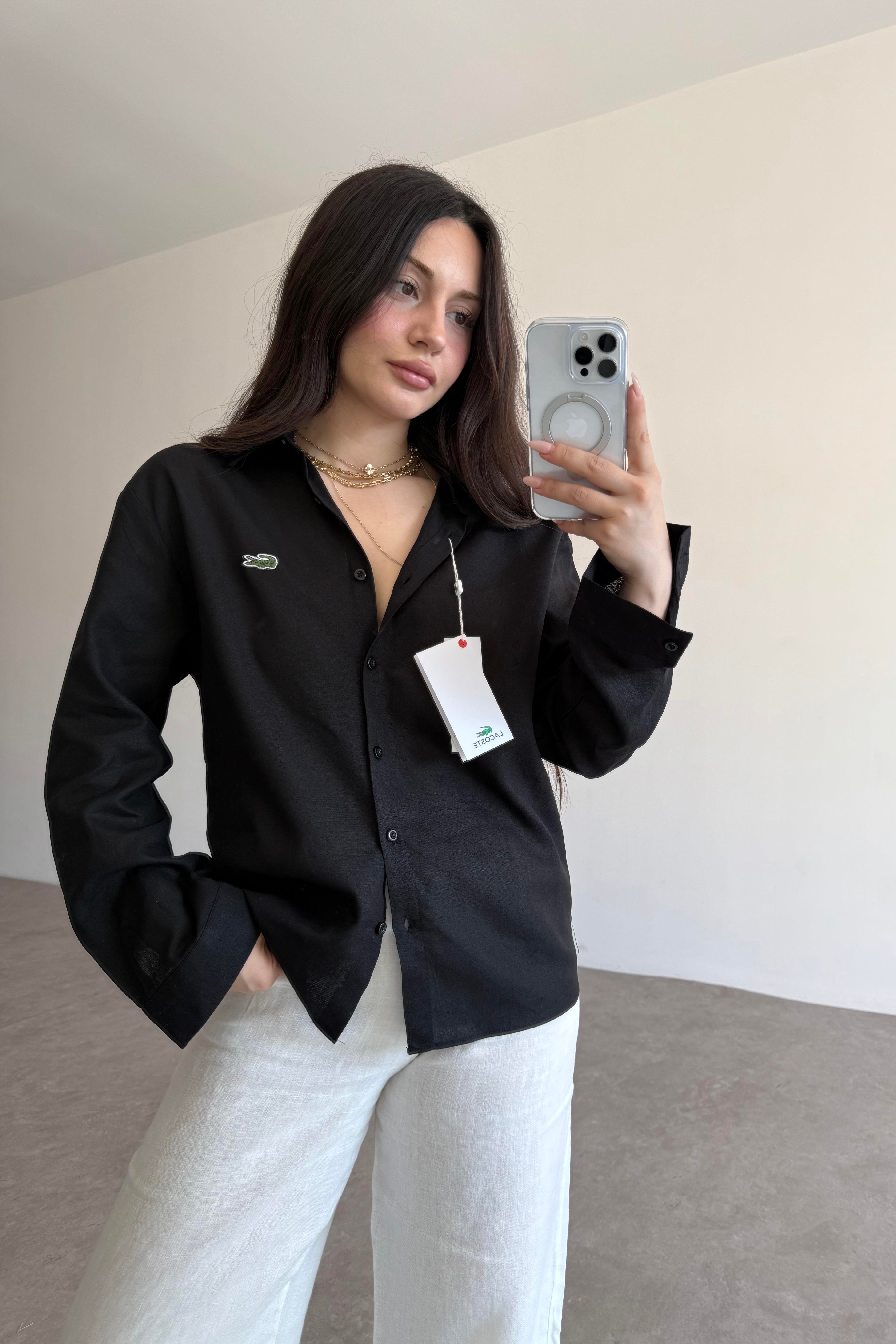 Lcst Keten Düz Kesim Siyah Gömlek