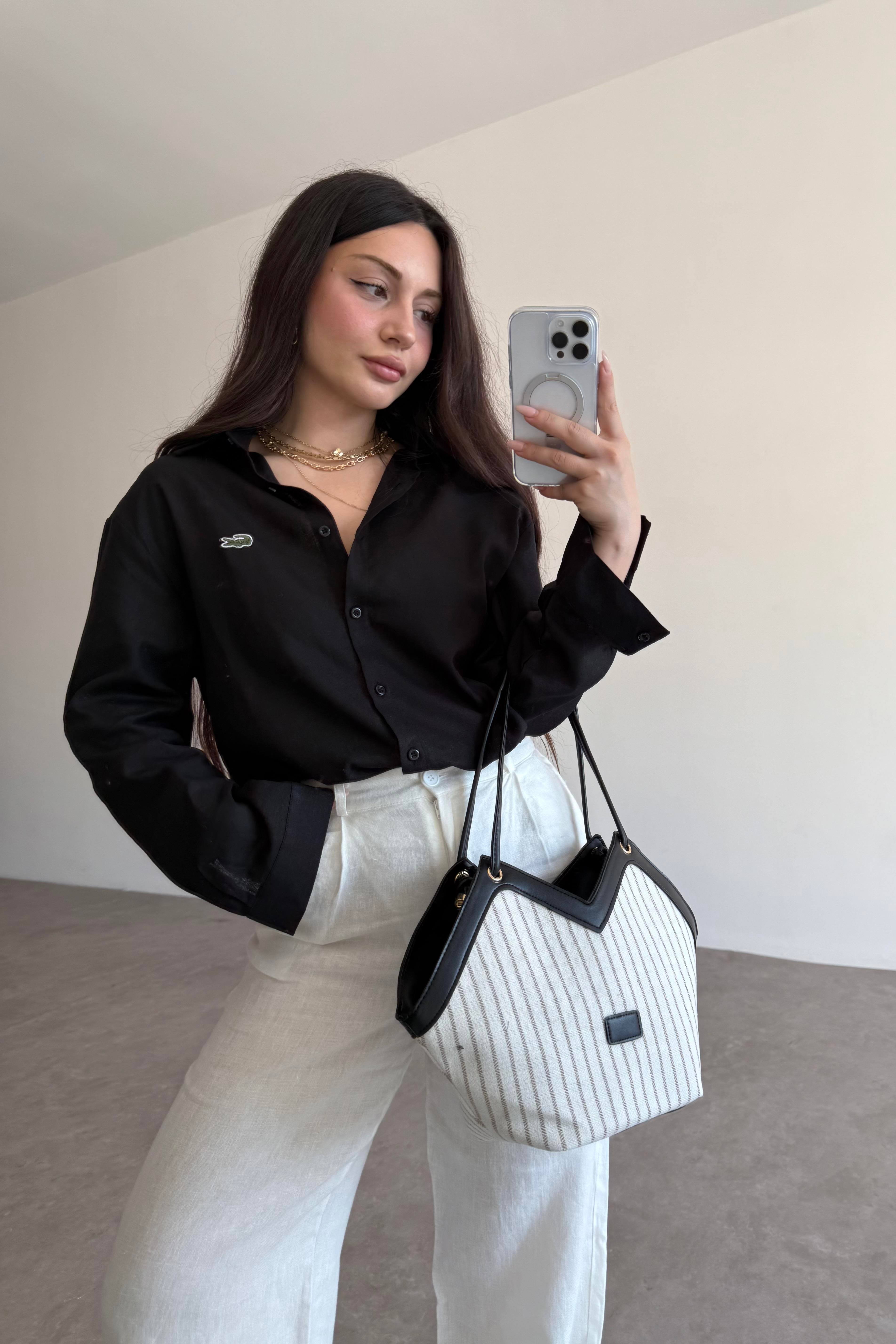 Lcst Keten Düz Kesim Siyah Gömlek