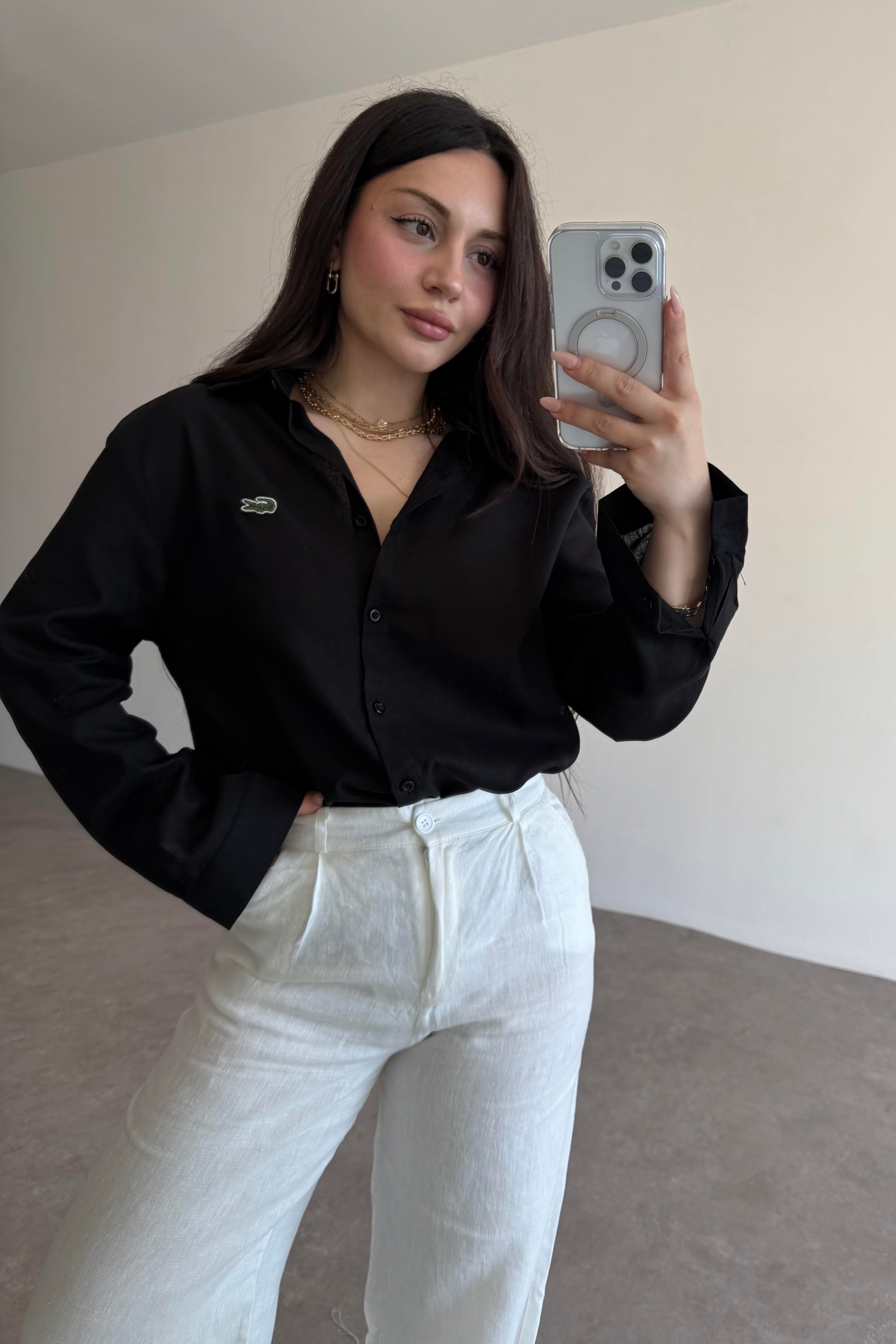 Lcst Keten Düz Kesim Siyah Gömlek