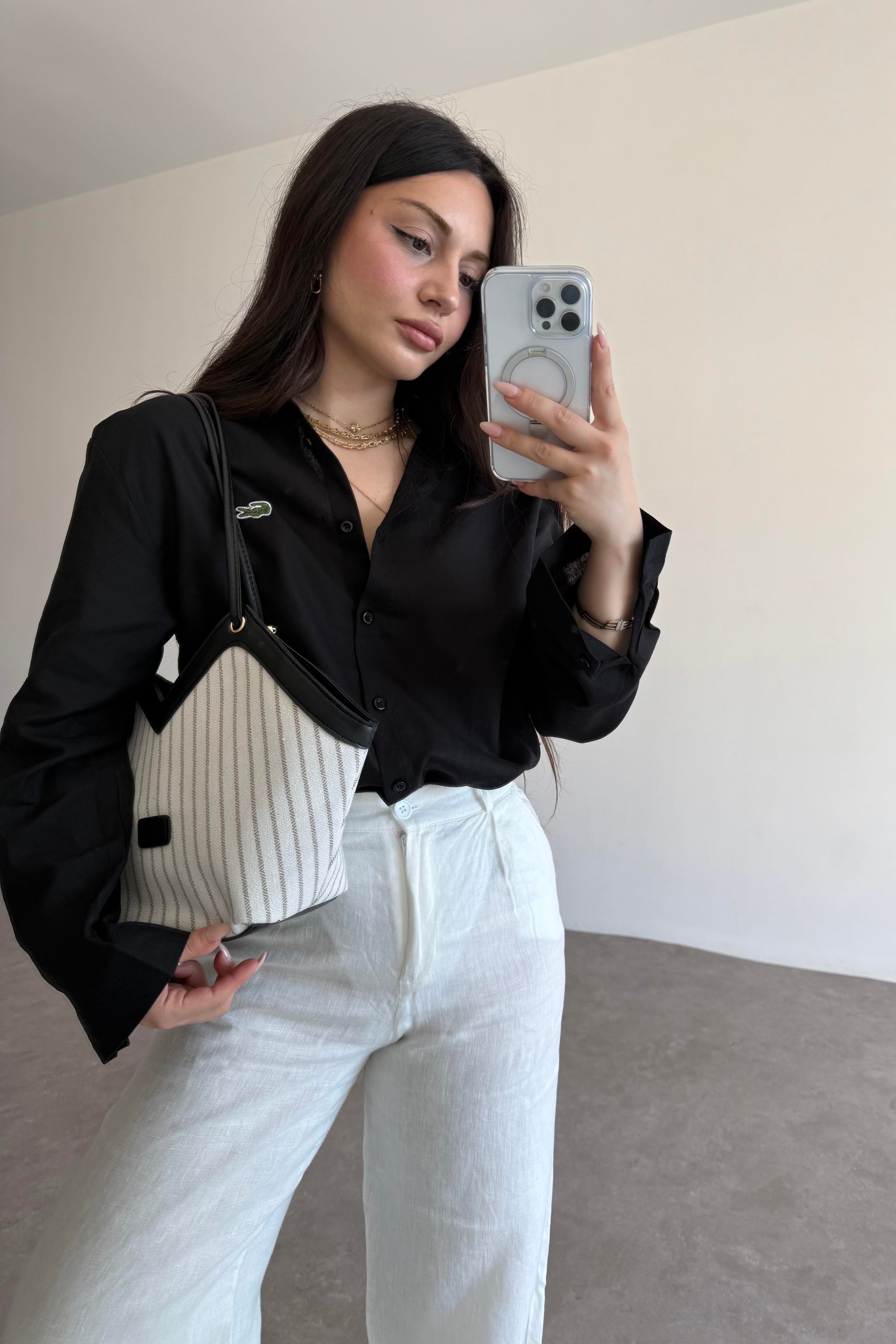 Lcst Keten Düz Kesim Siyah Gömlek