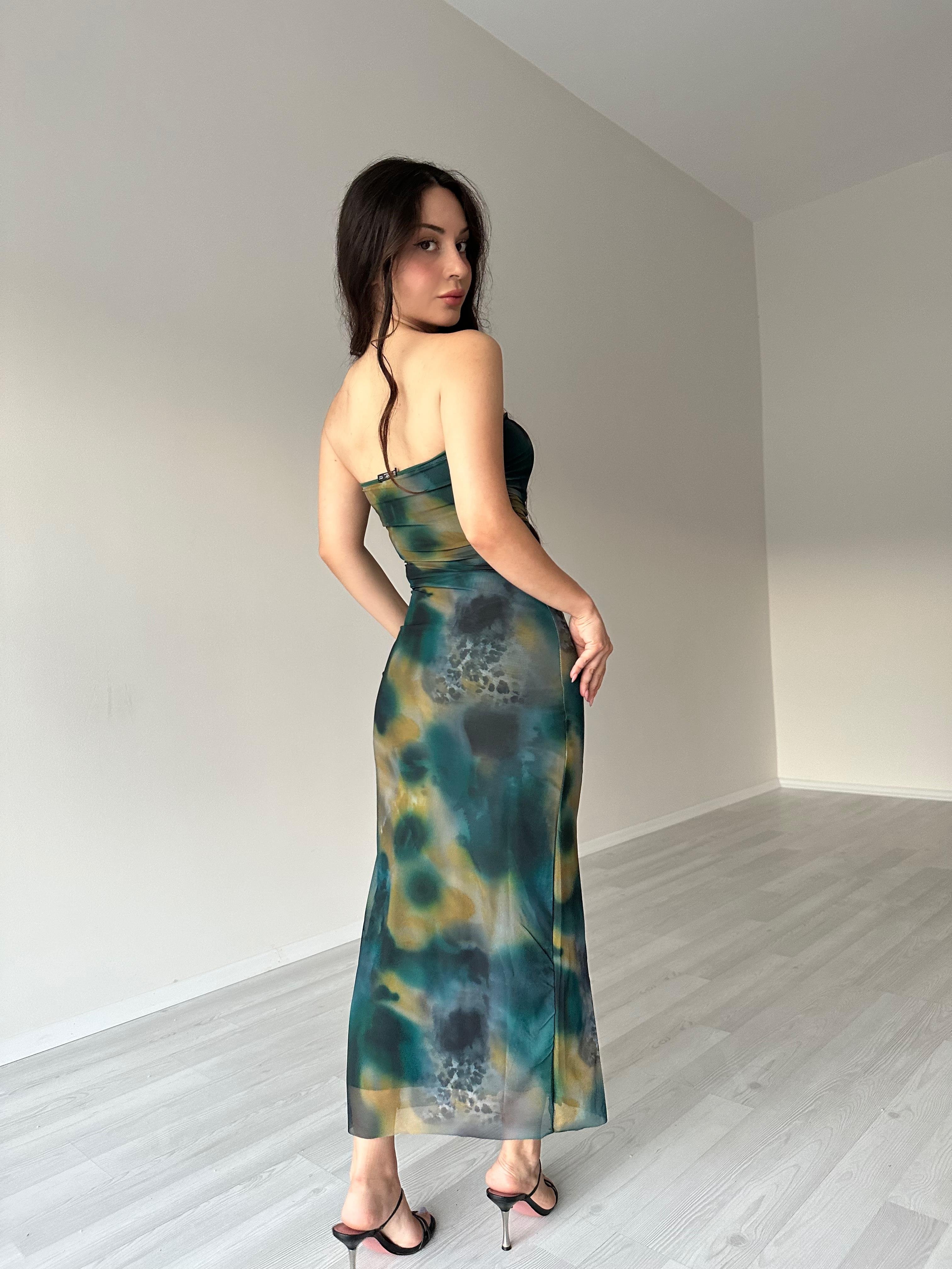 Lexa Desenli Straplez Elbise Mavi