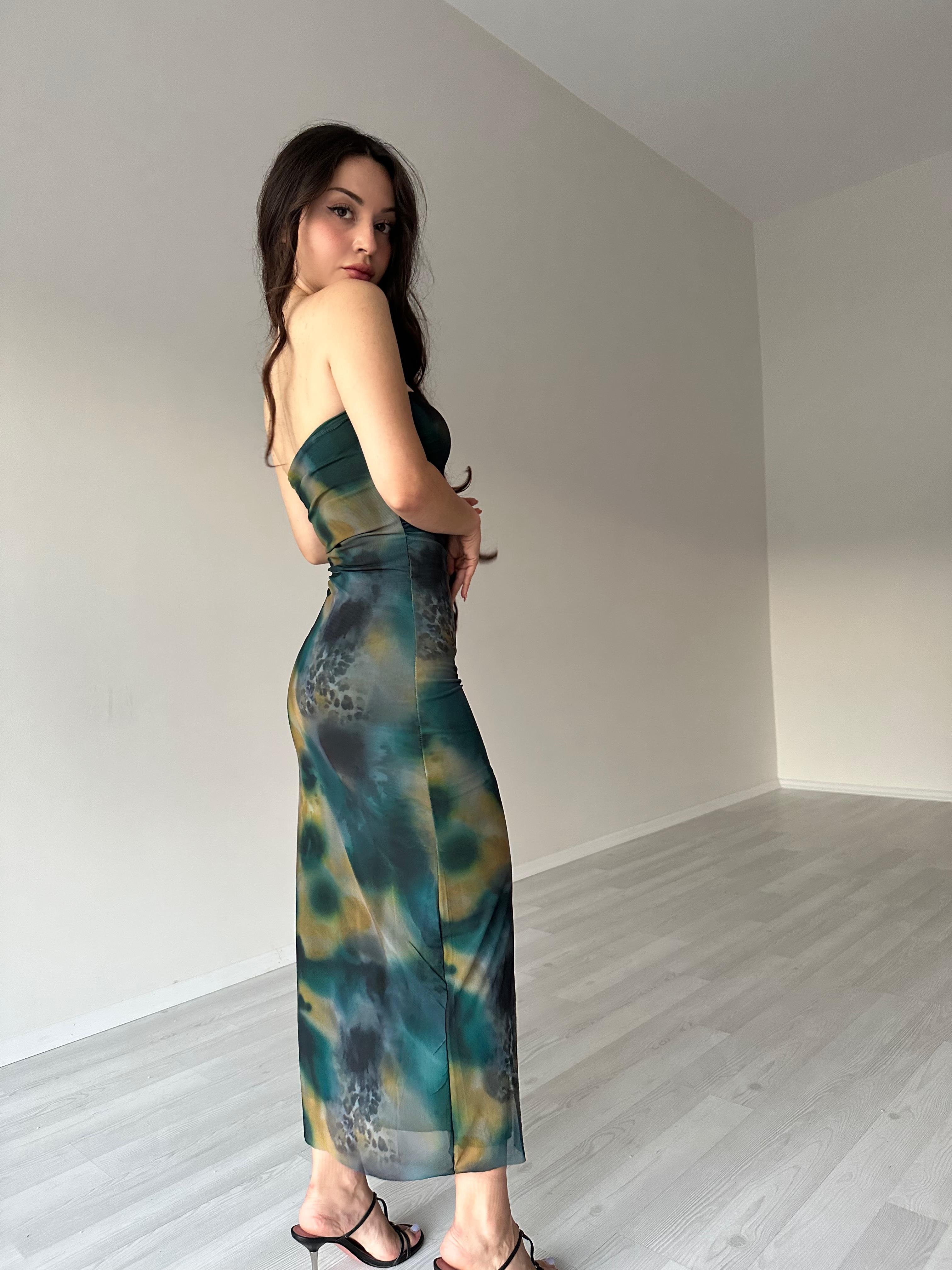 Lexa Desenli Straplez Elbise Mavi