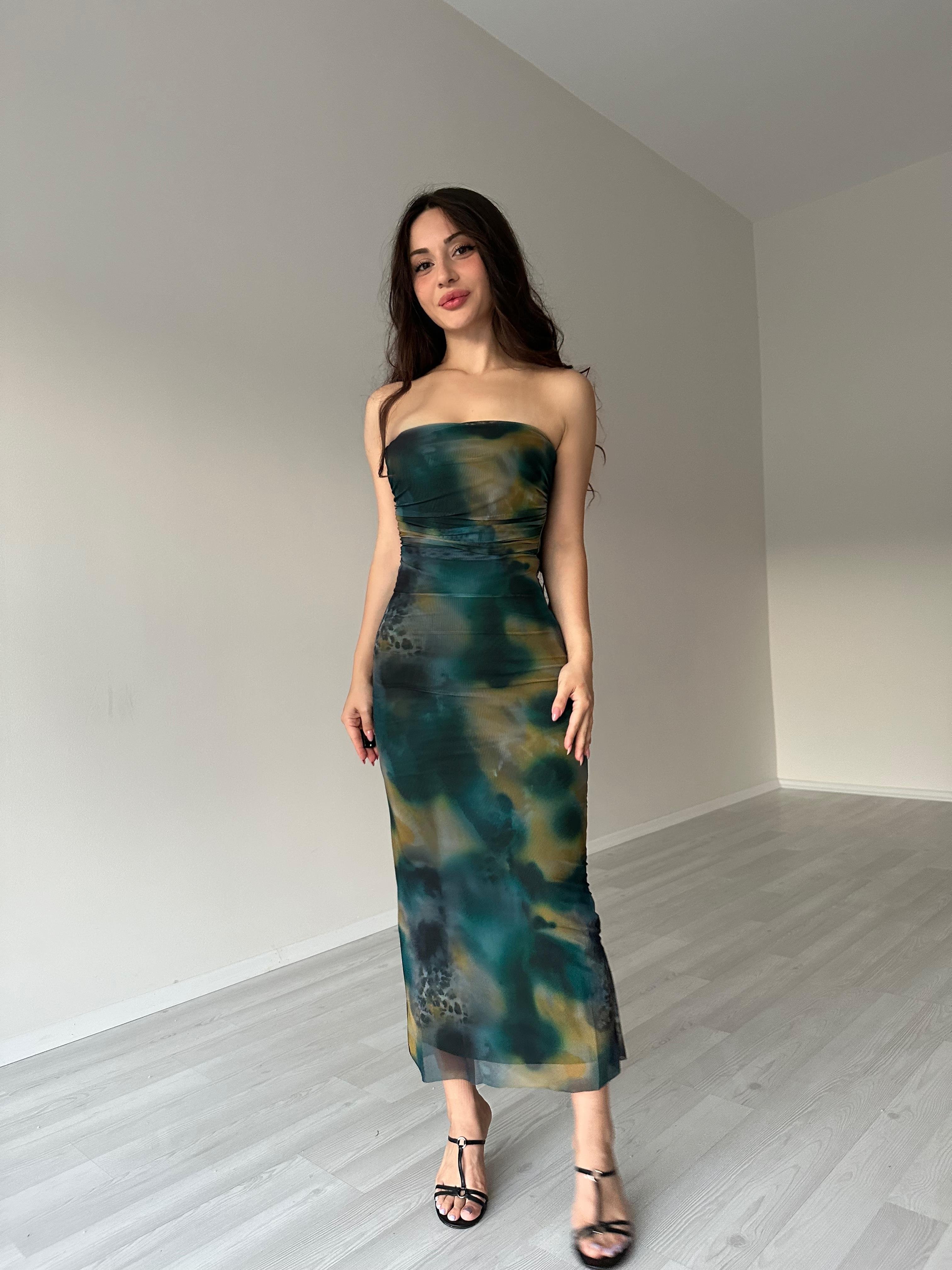 Lexa Desenli Straplez Elbise Mavi