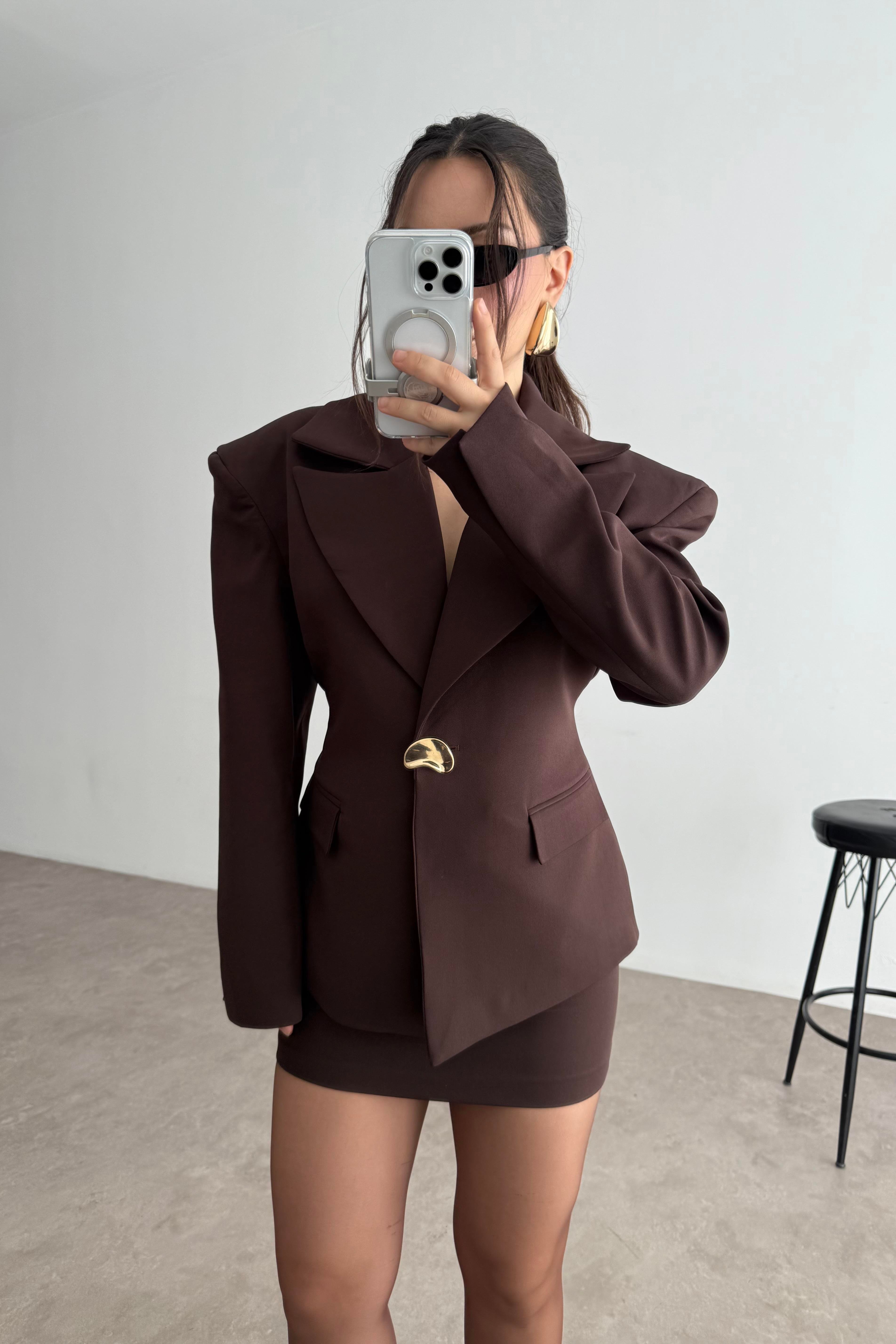 Lucia Vatkalı Ceket Etek Kahve Takım