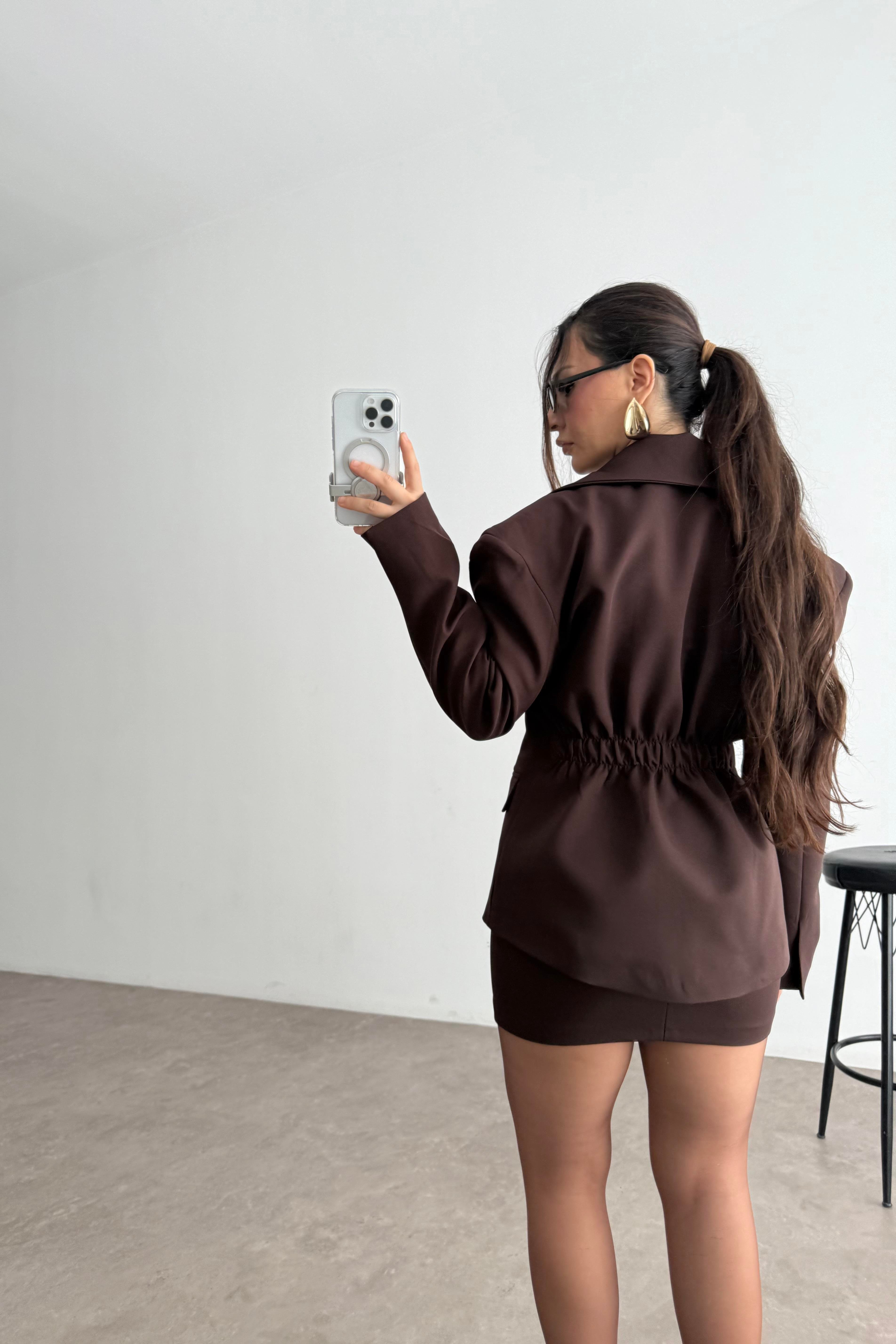 Lucia Vatkalı Ceket Etek Kahve Takım