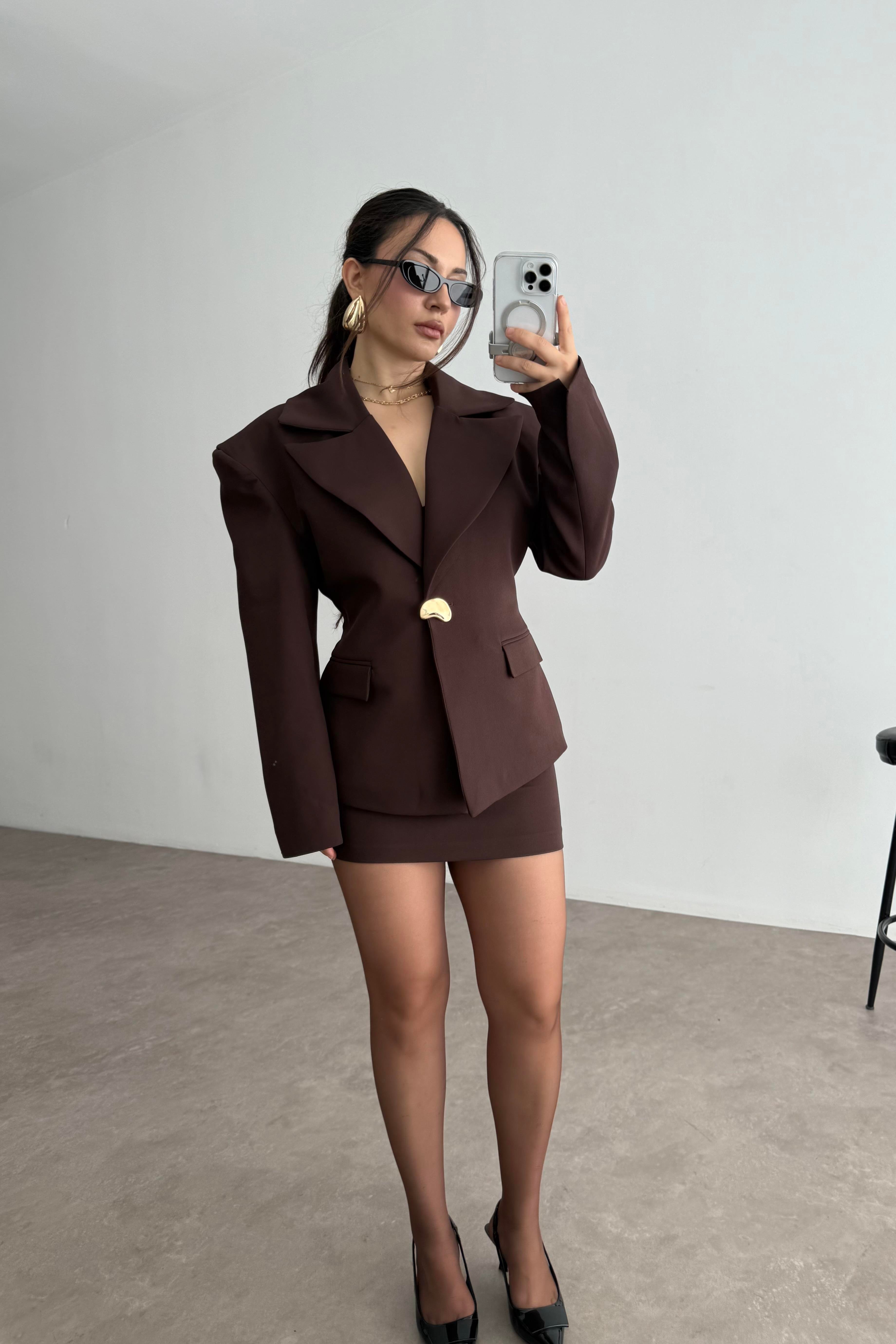 Lucia Vatkalı Ceket Etek Kahve Takım