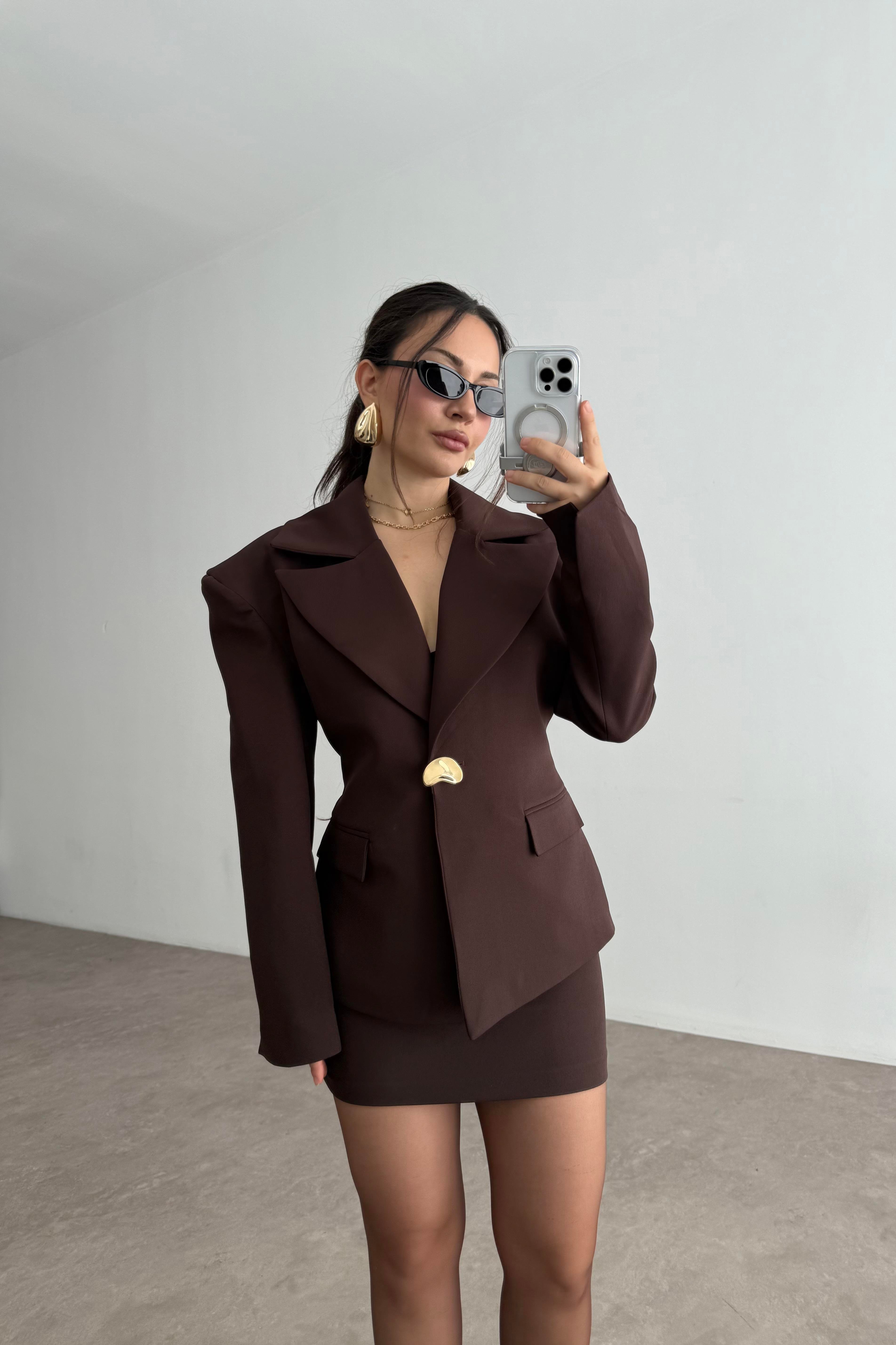 Lucia Vatkalı Ceket Etek Kahve Takım