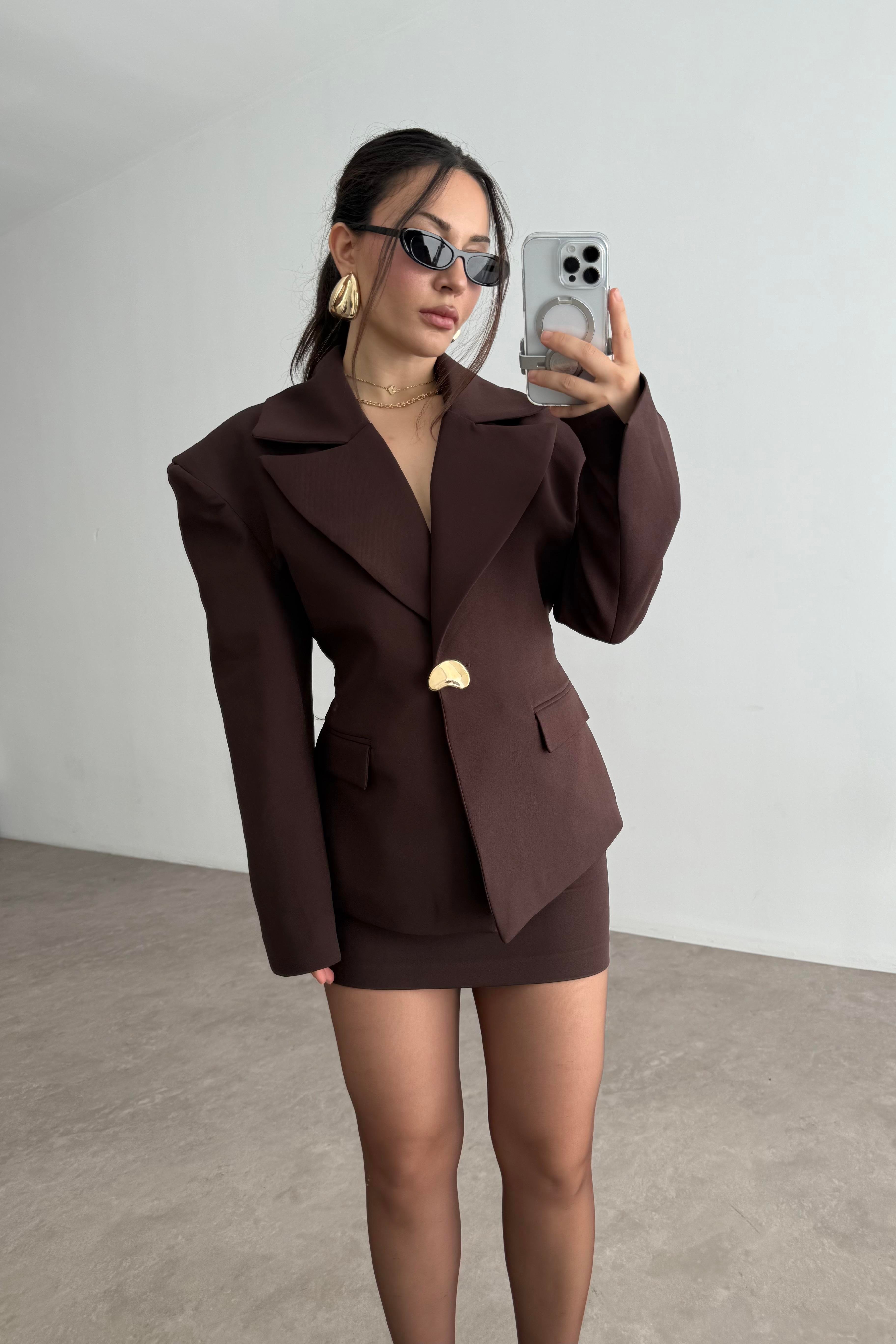 Lucia Vatkalı Ceket Etek Kahve Takım