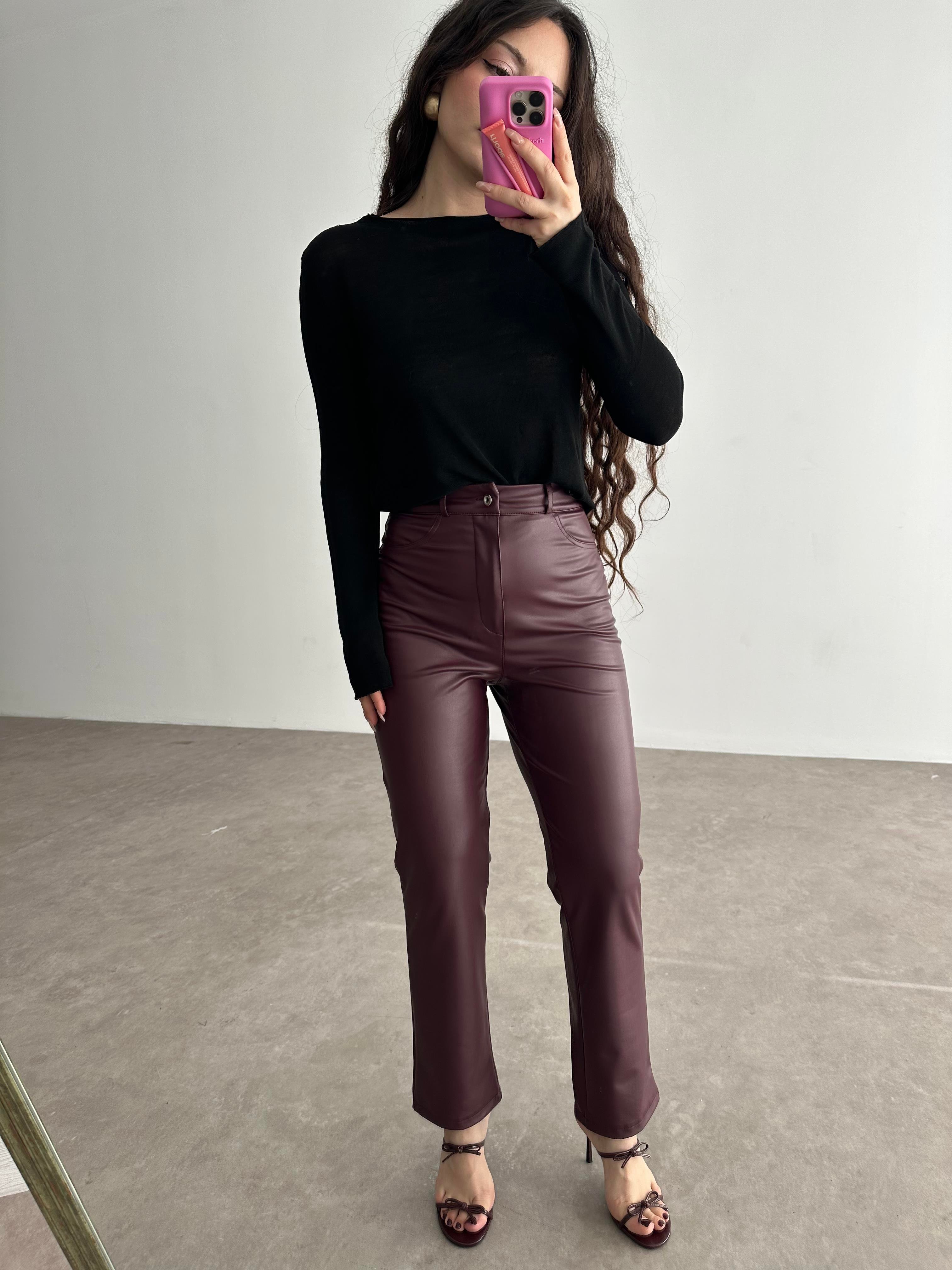 Mng Orj. Yüksek Belli Deri Pantolon Bordo