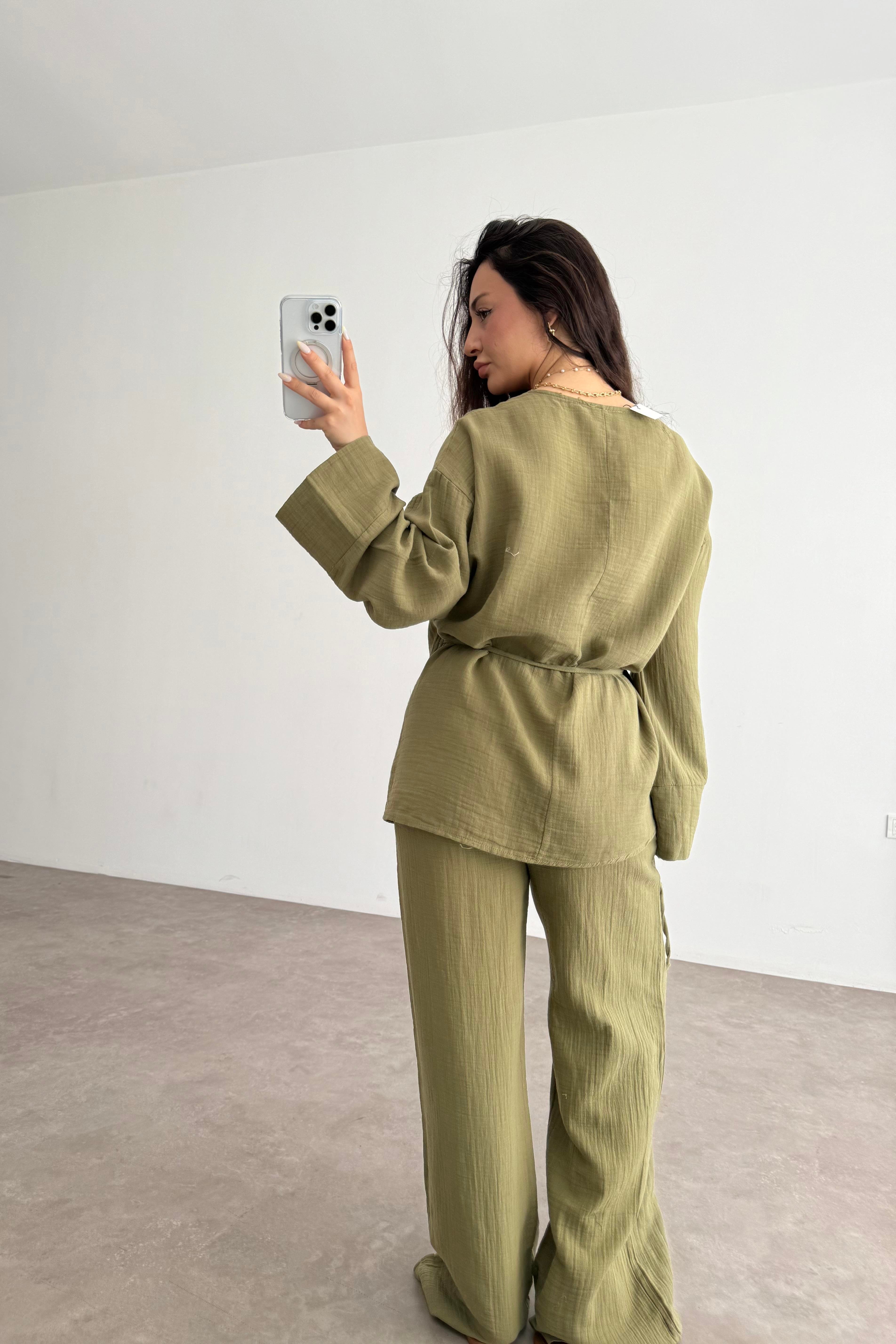 Müslin Kumaş Çapraz Bağlama Kimono Takım Haki