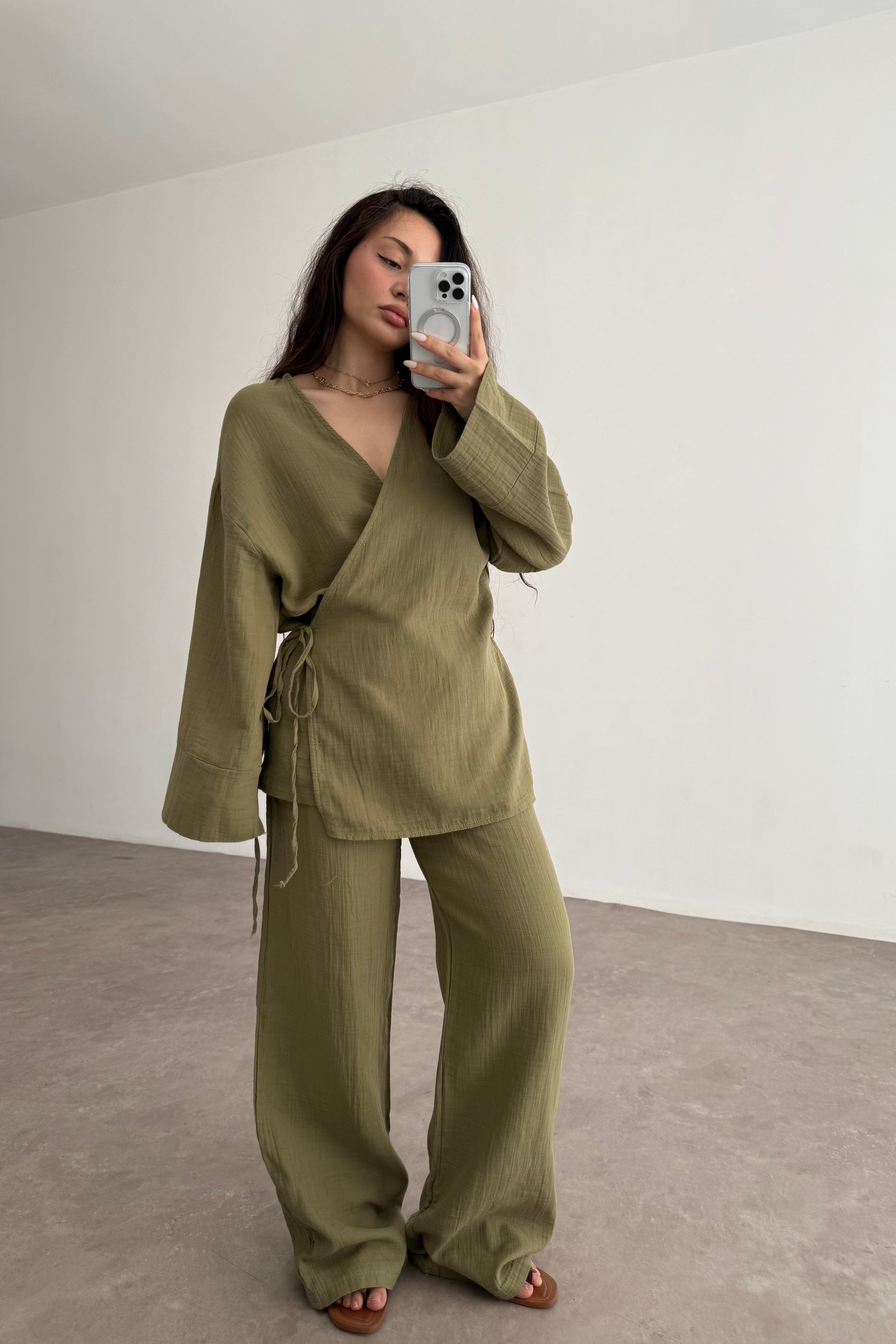 Müslin Kumaş Çapraz Bağlama Kimono Takım Haki