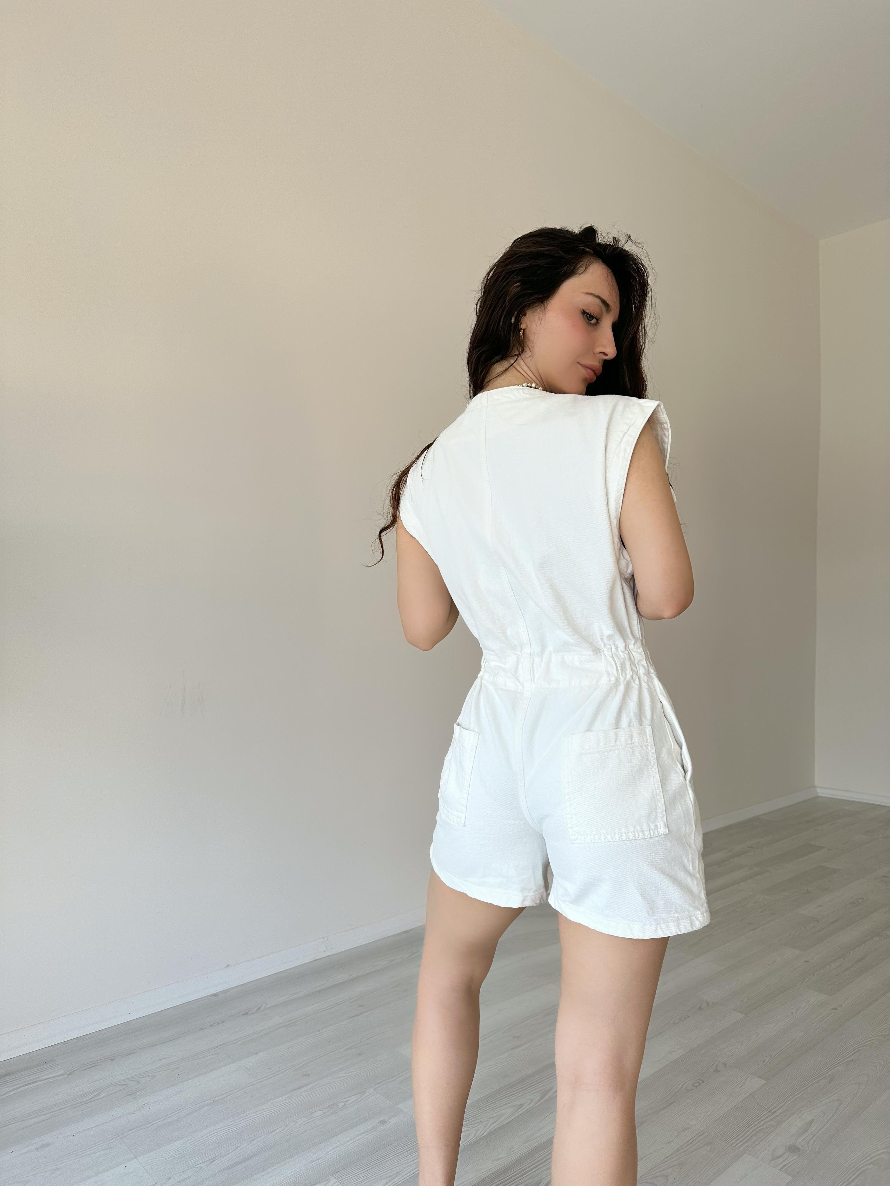 Orijinal Marka Denim Tulum Beyaz