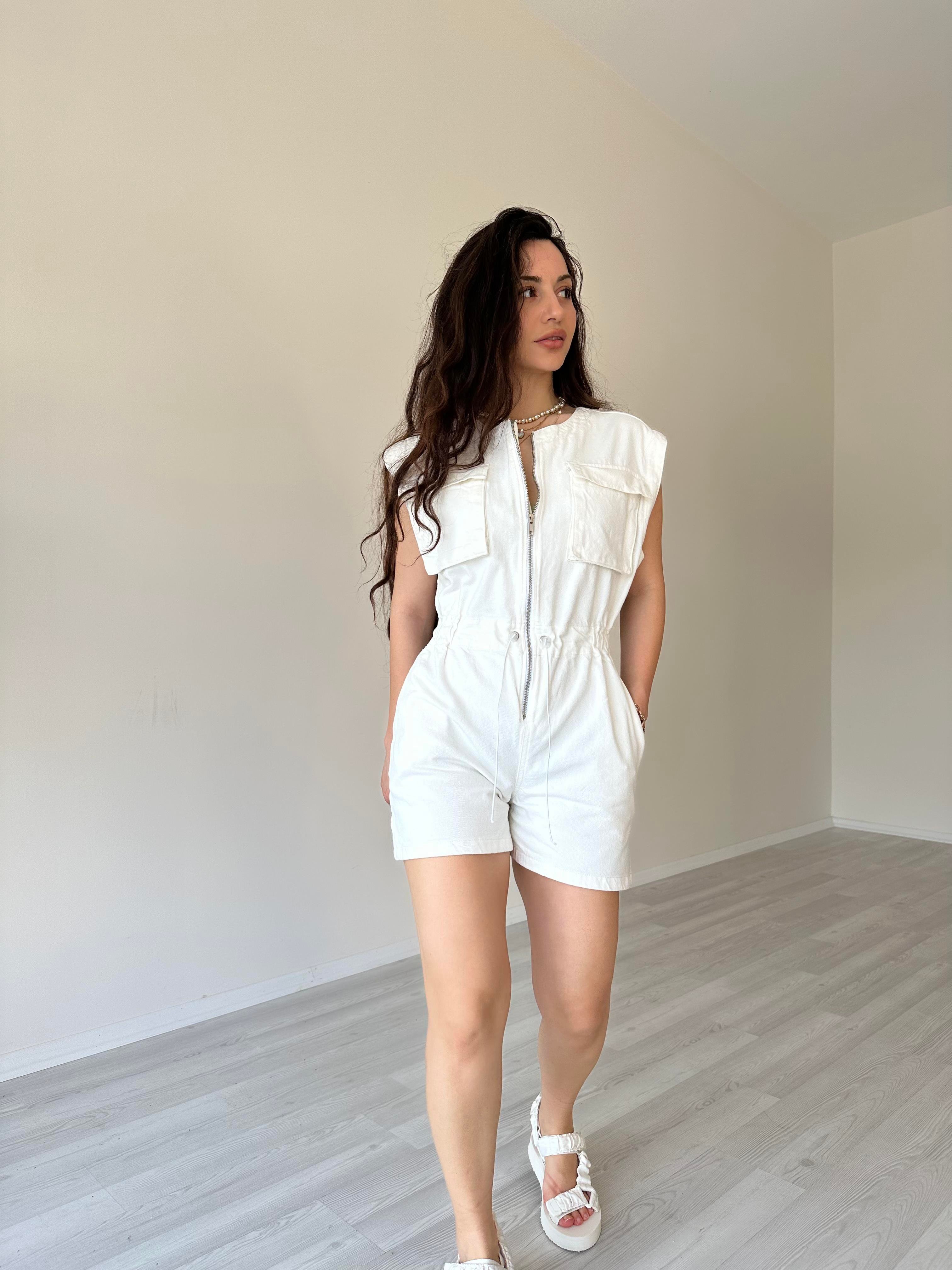 Orijinal Marka Denim Tulum Beyaz