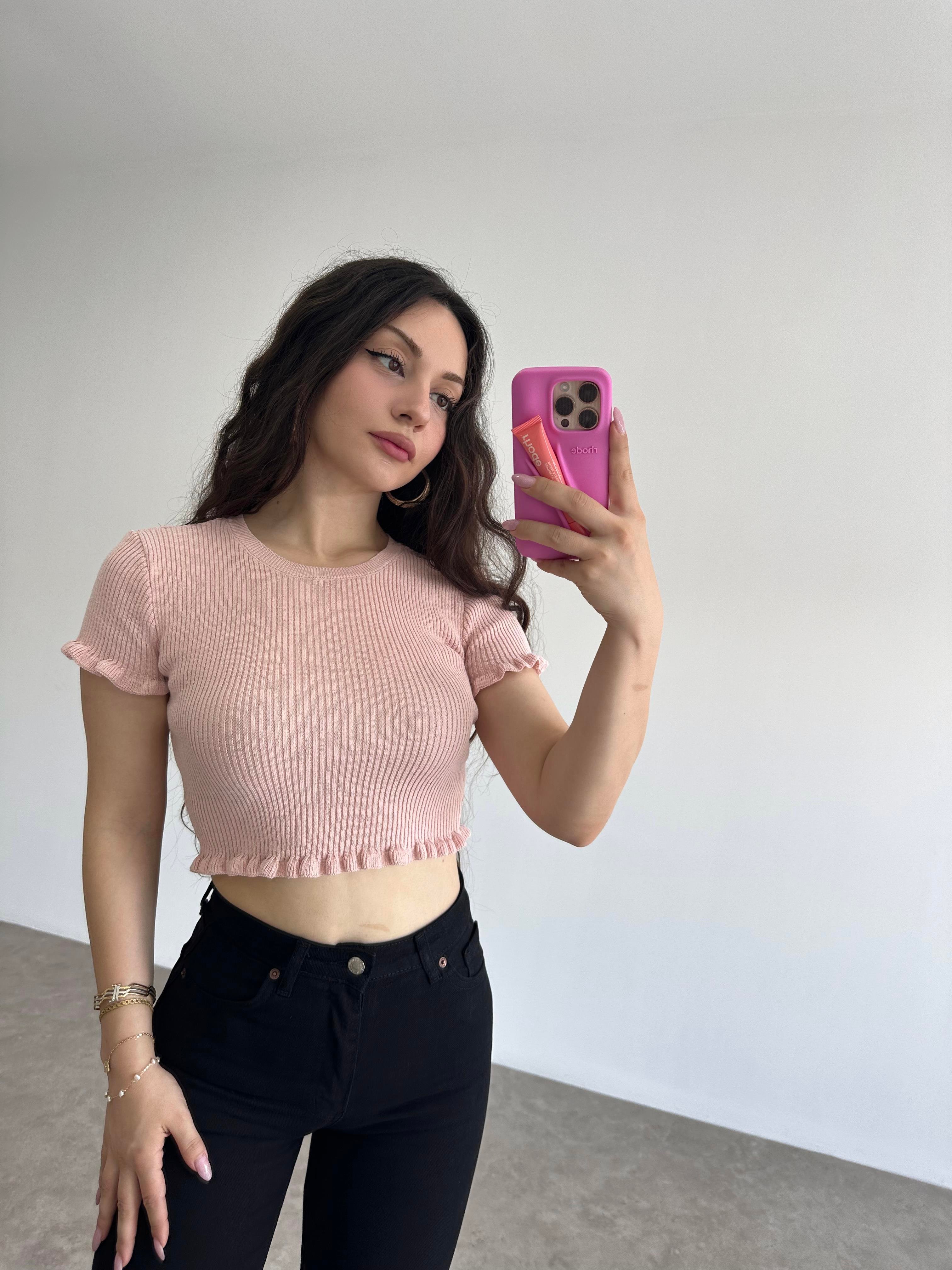 Orijinal Marka Fırfırlı Pudra Pembe Triko