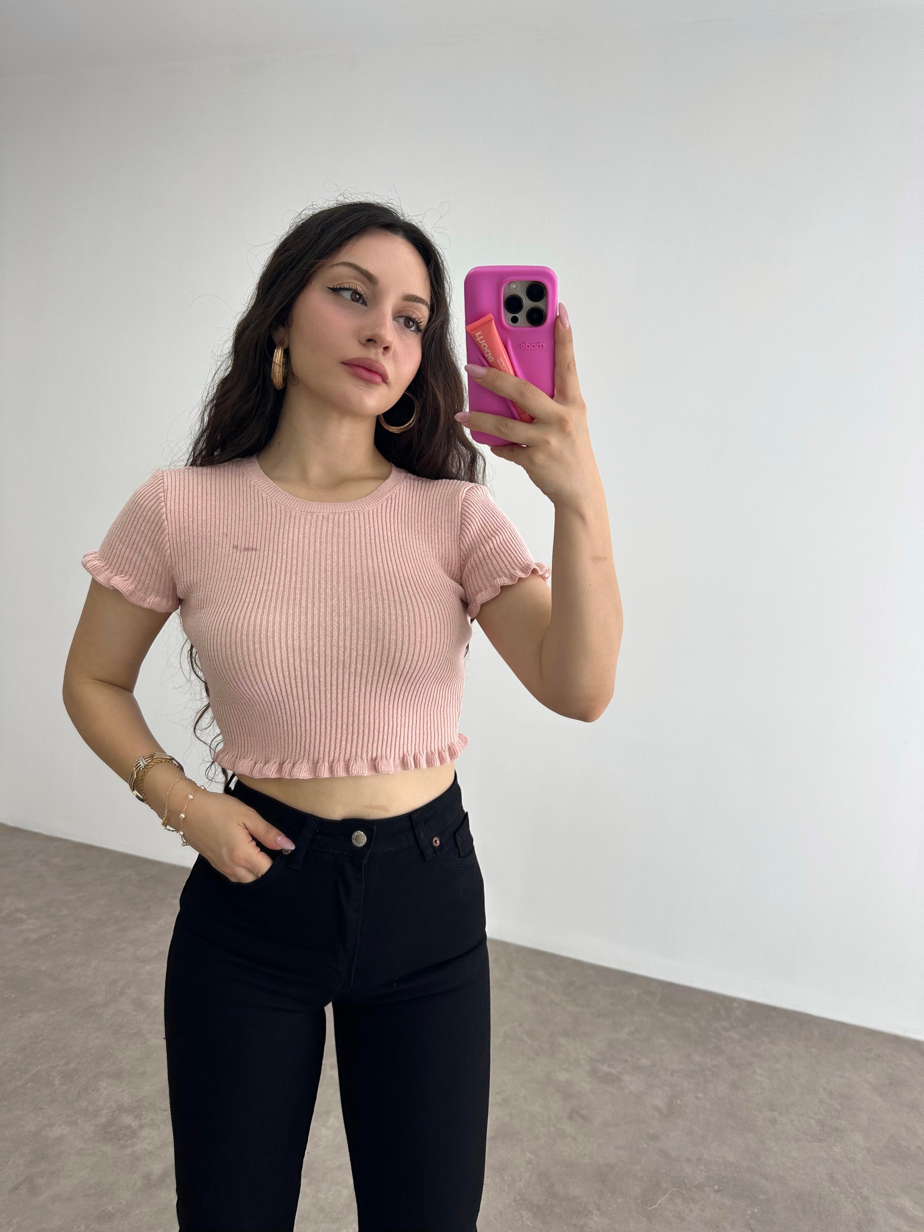 Orijinal Marka Fırfırlı Pudra Pembe Triko