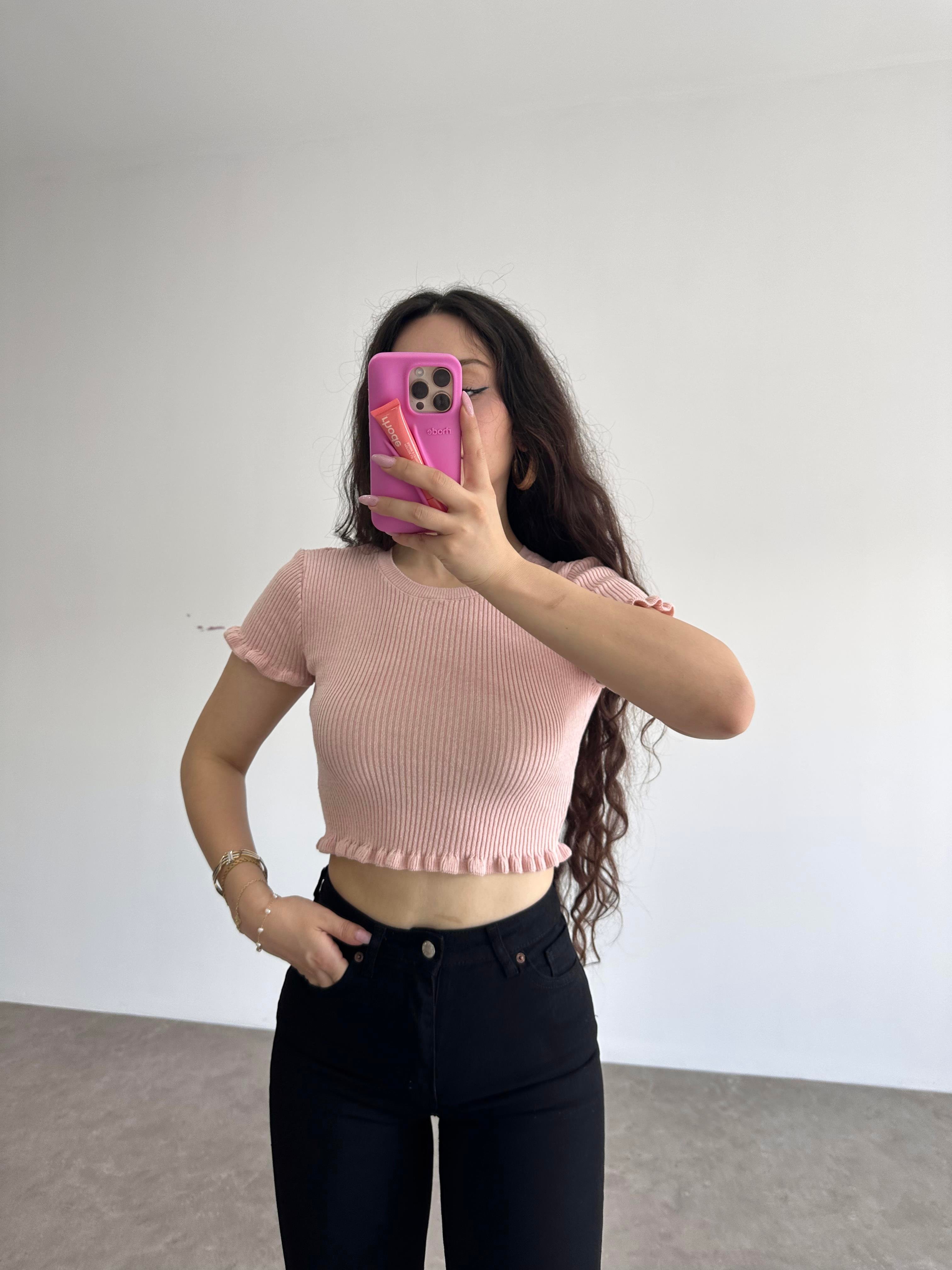 Orijinal Marka Fırfırlı Pudra Pembe Triko