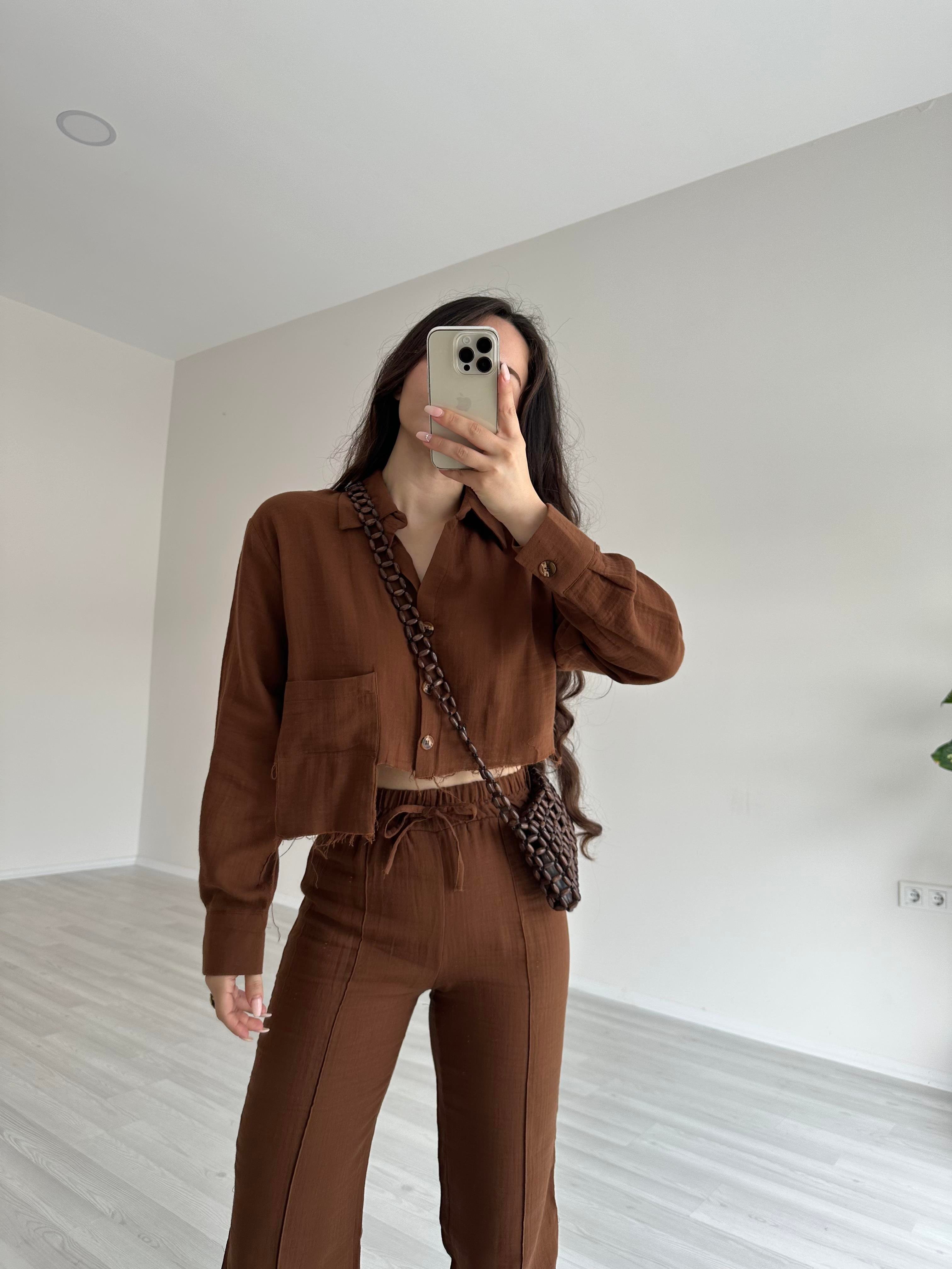 Orijinal Marka Premium Keten Crop Gömlek Kahve