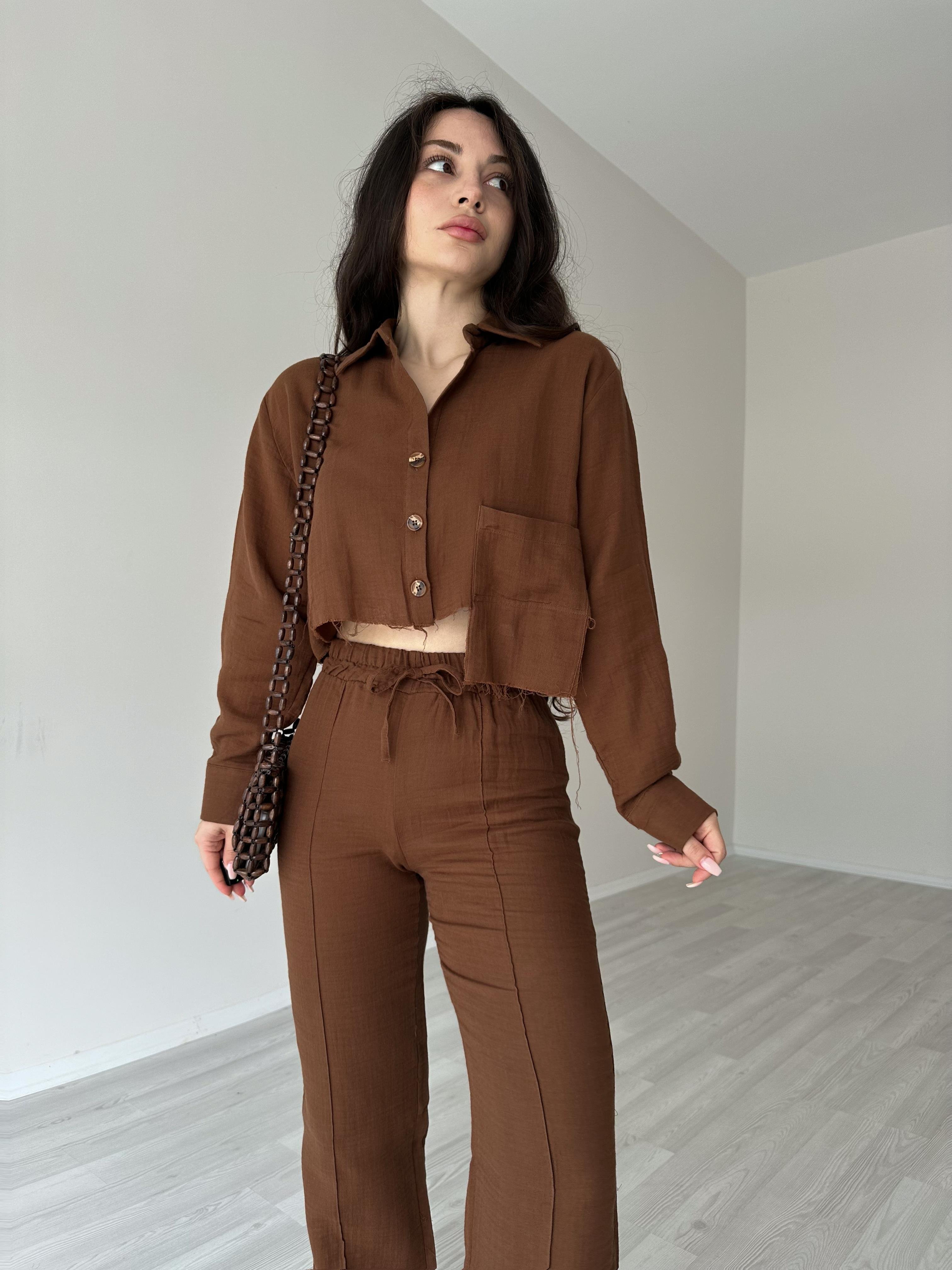 Orijinal Marka Premium Keten Crop Gömlek Kahve