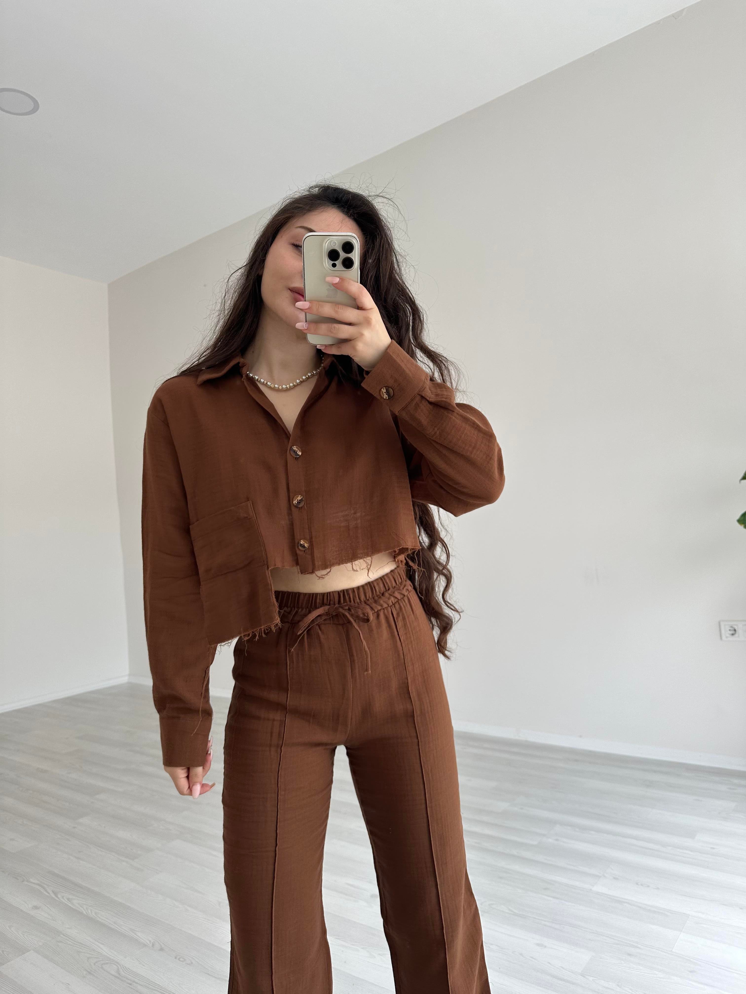 Orijinal Marka Premium Keten Crop Gömlek Kahve