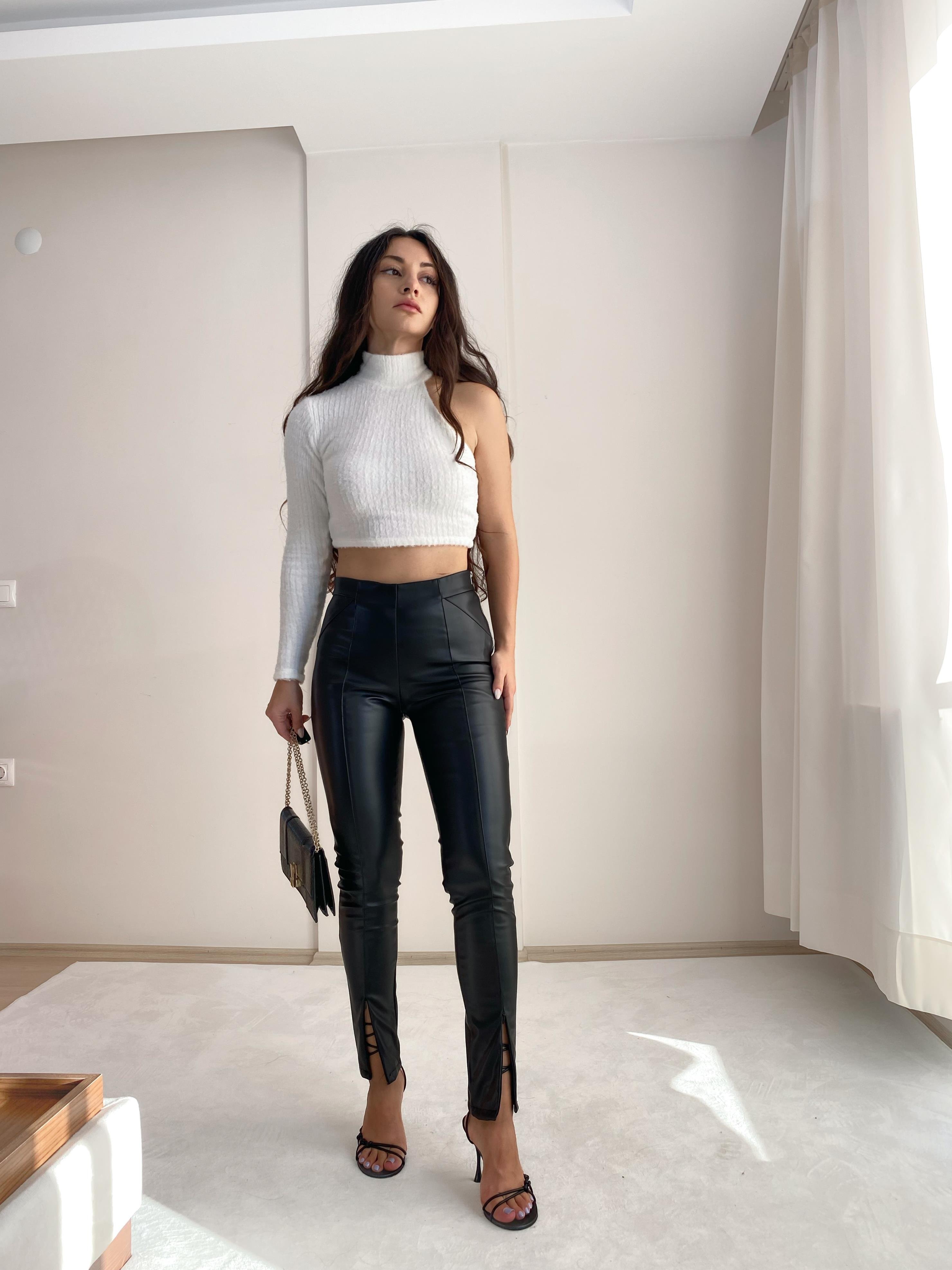 Paça Fermuar Fetaylı Deri Pantolon (siyah)