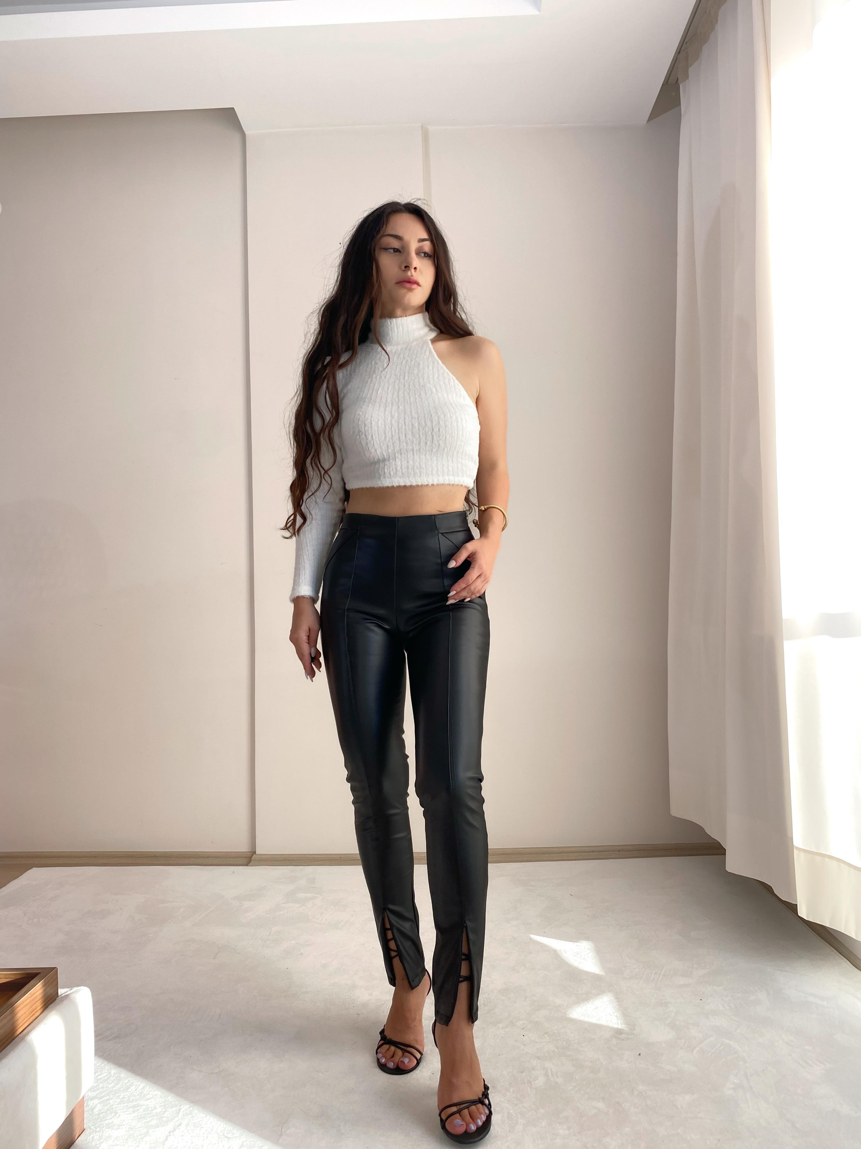 Paça Fermuar Fetaylı Deri Pantolon (siyah)