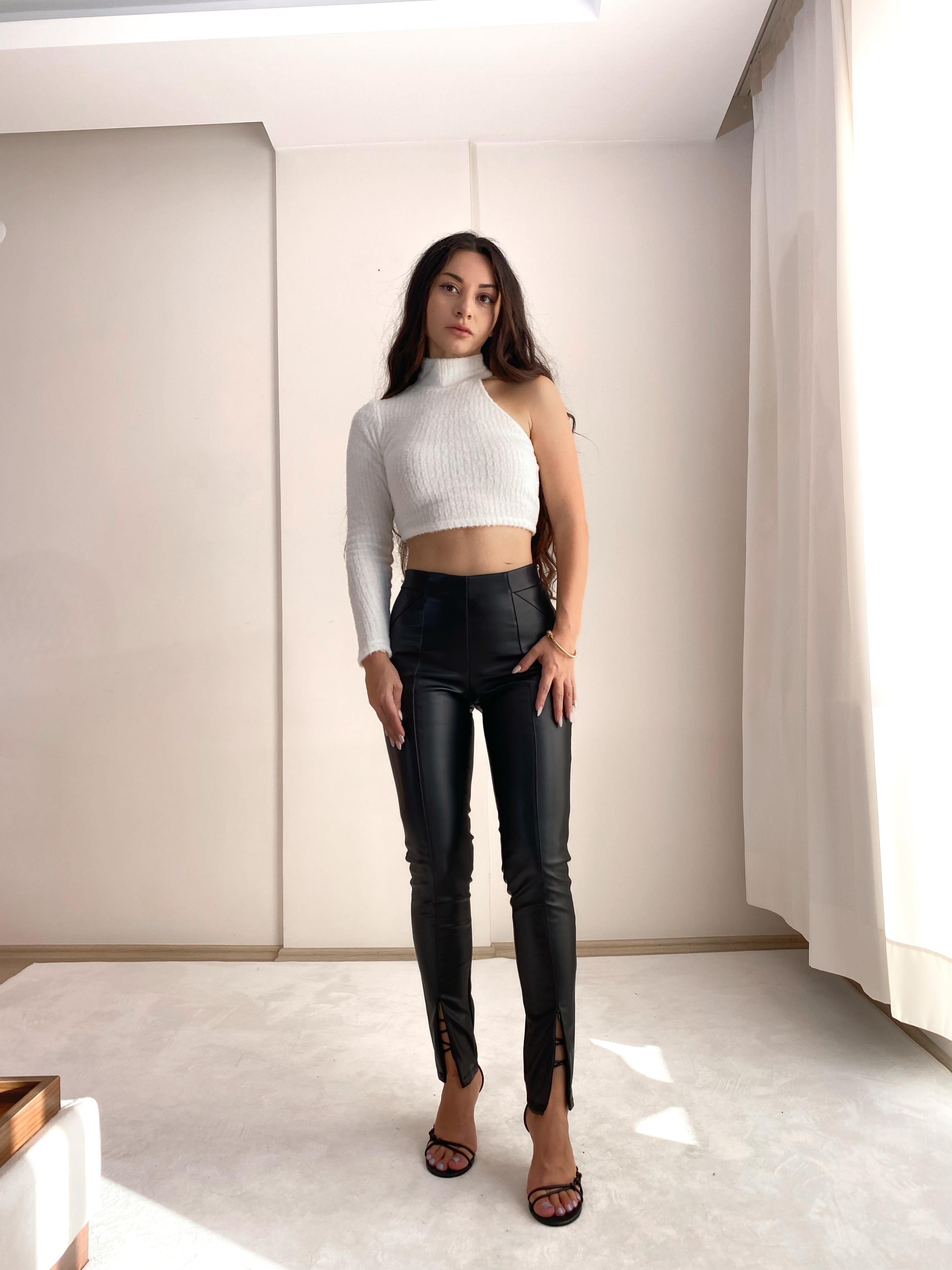 Paça Fermuar Fetaylı Deri Pantolon (siyah)