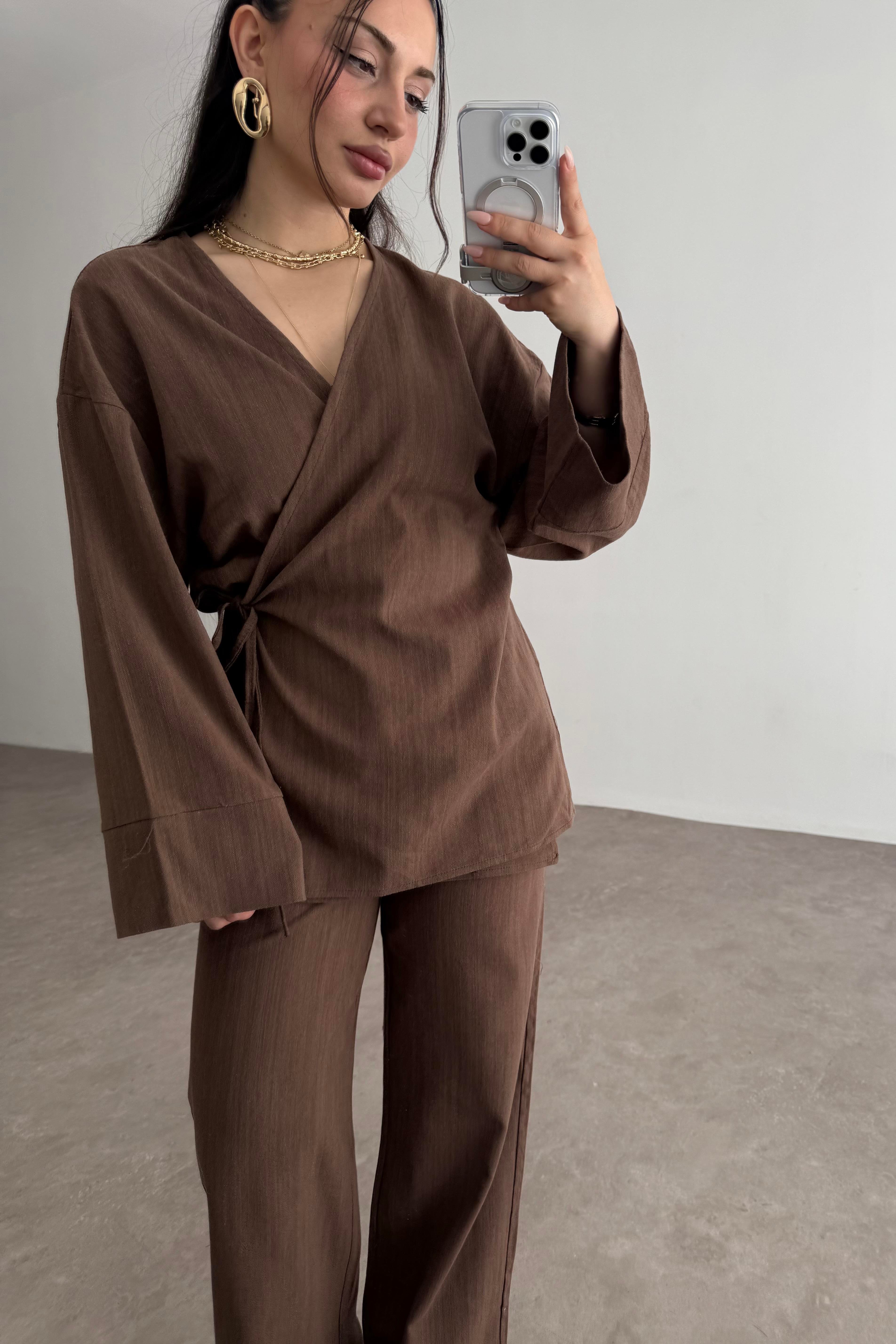 Premium Bağlama Detaylı Keten Kimono Takım Kahve