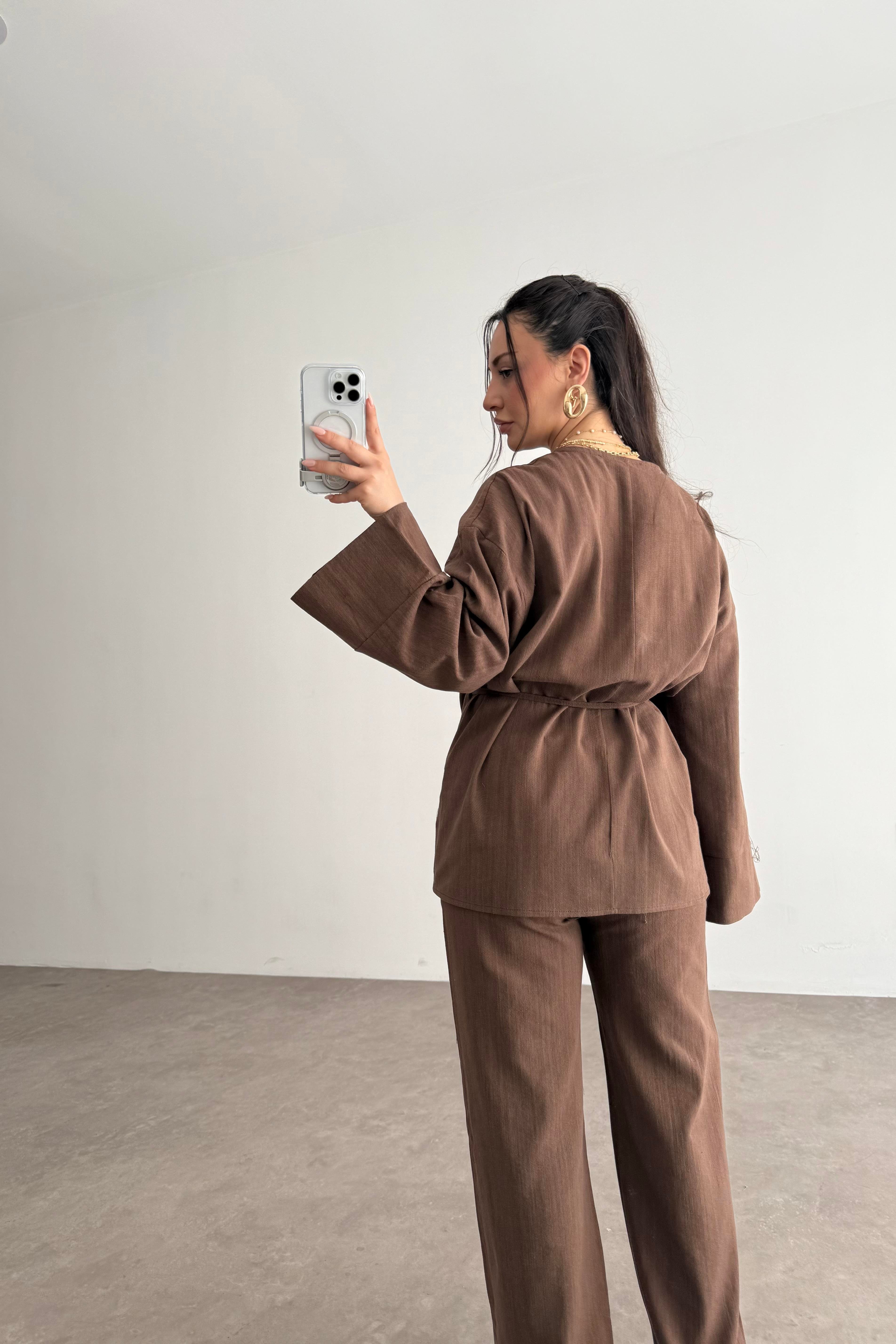 Premium Bağlama Detaylı Keten Kimono Takım Kahve