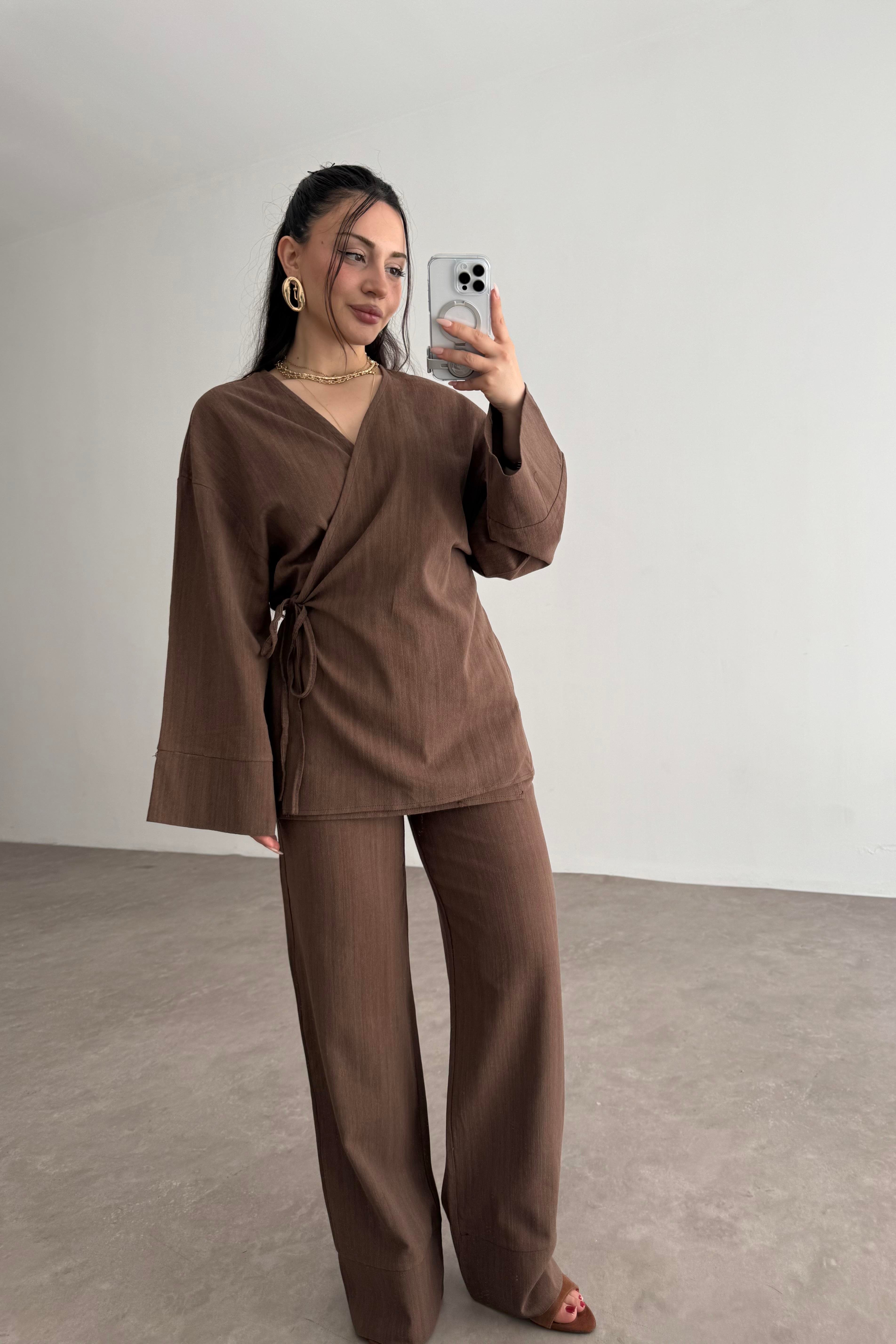 Premium Bağlama Detaylı Keten Kimono Takım Kahve