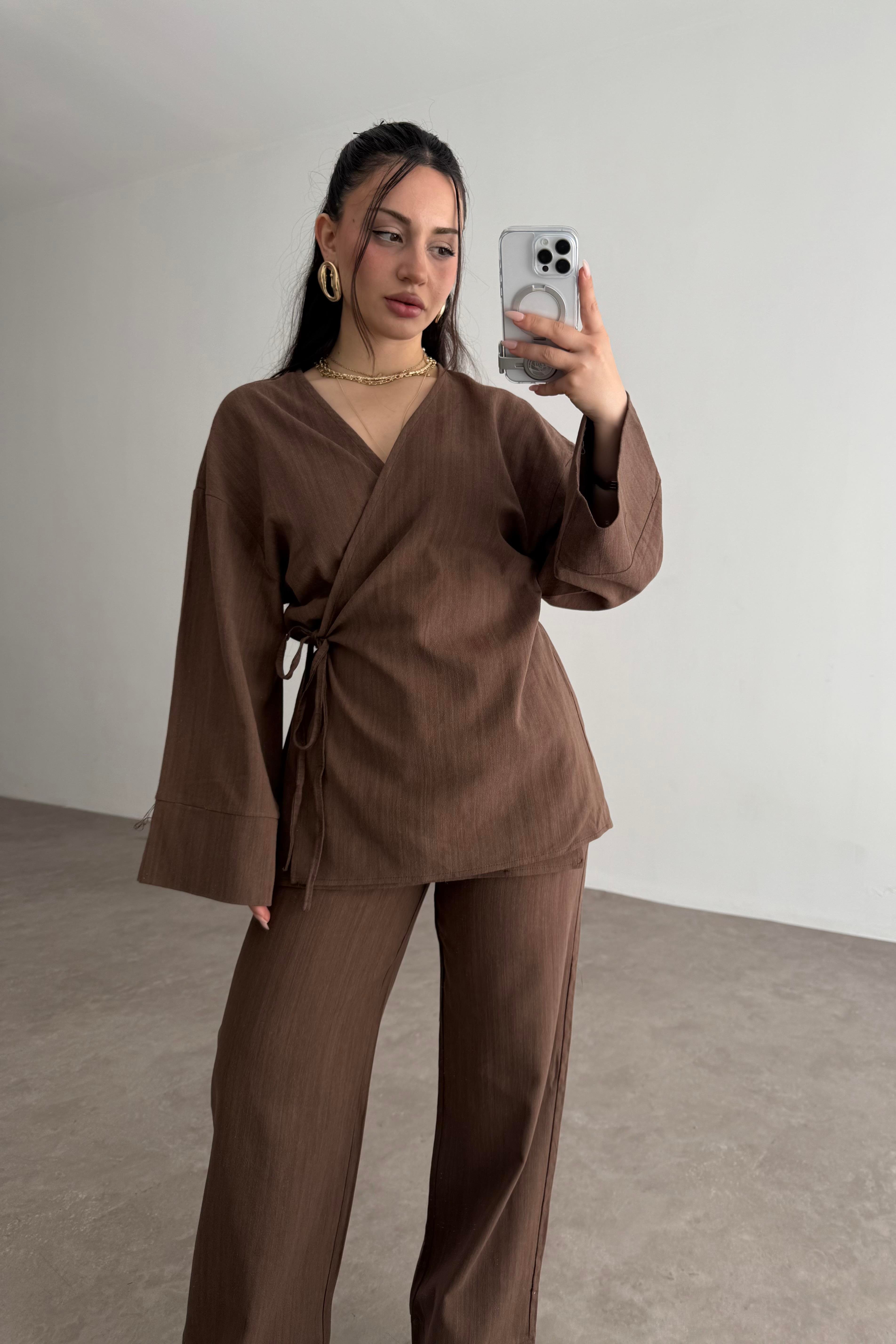 Premium Bağlama Detaylı Keten Kimono Takım Kahve