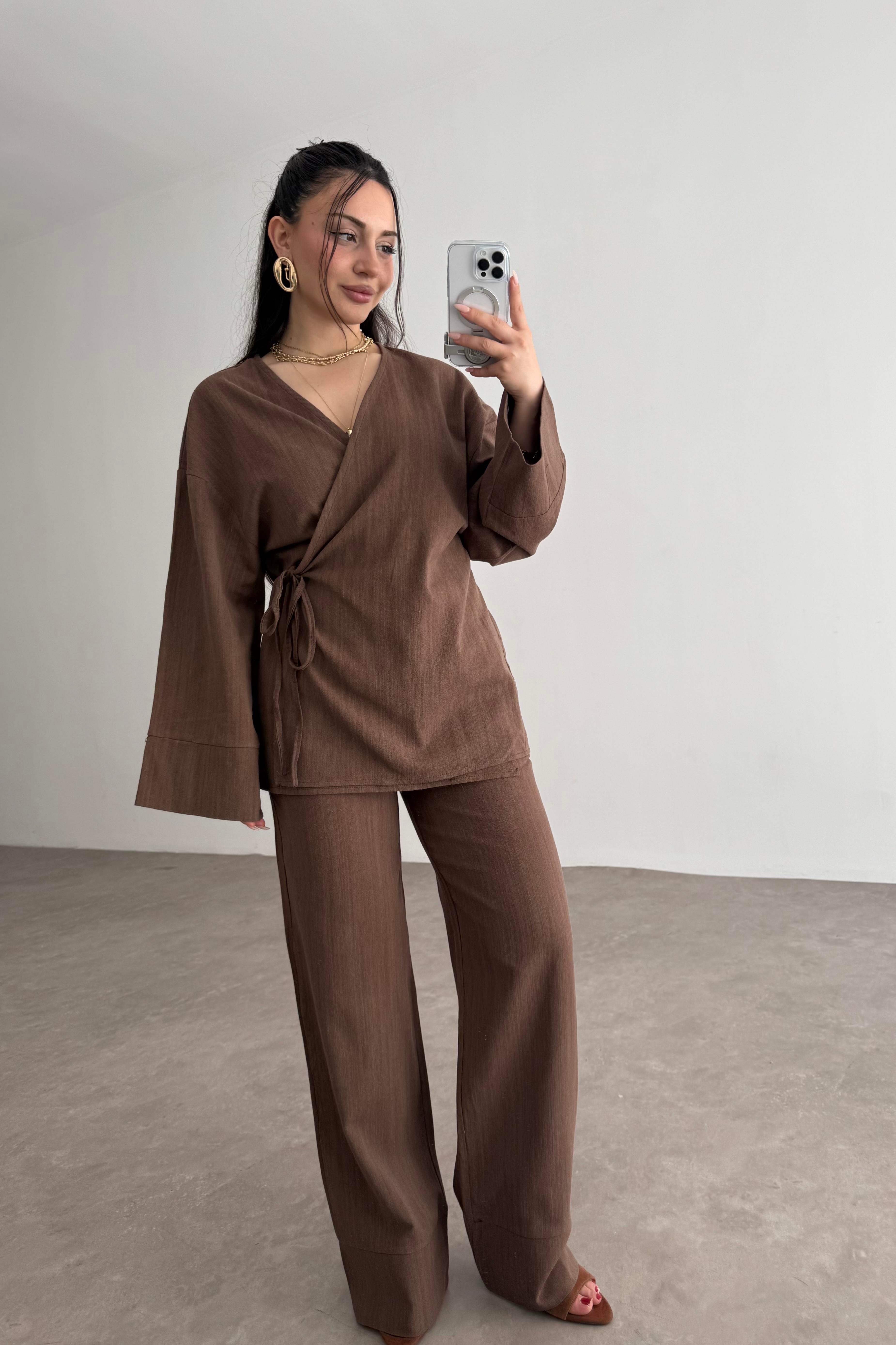 Premium Bağlama Detaylı Keten Kimono Takım Kahve