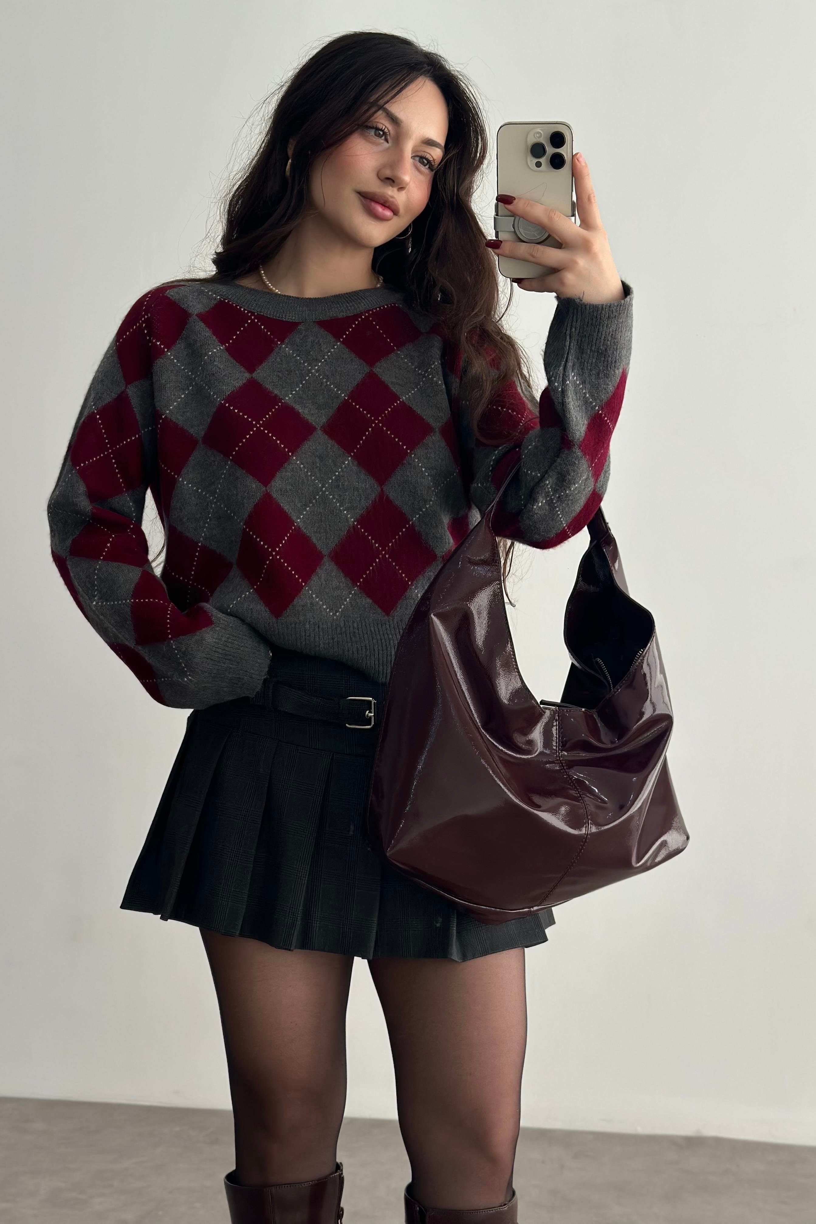 Premium Baklava Desenli Gri/Bordo Kazak