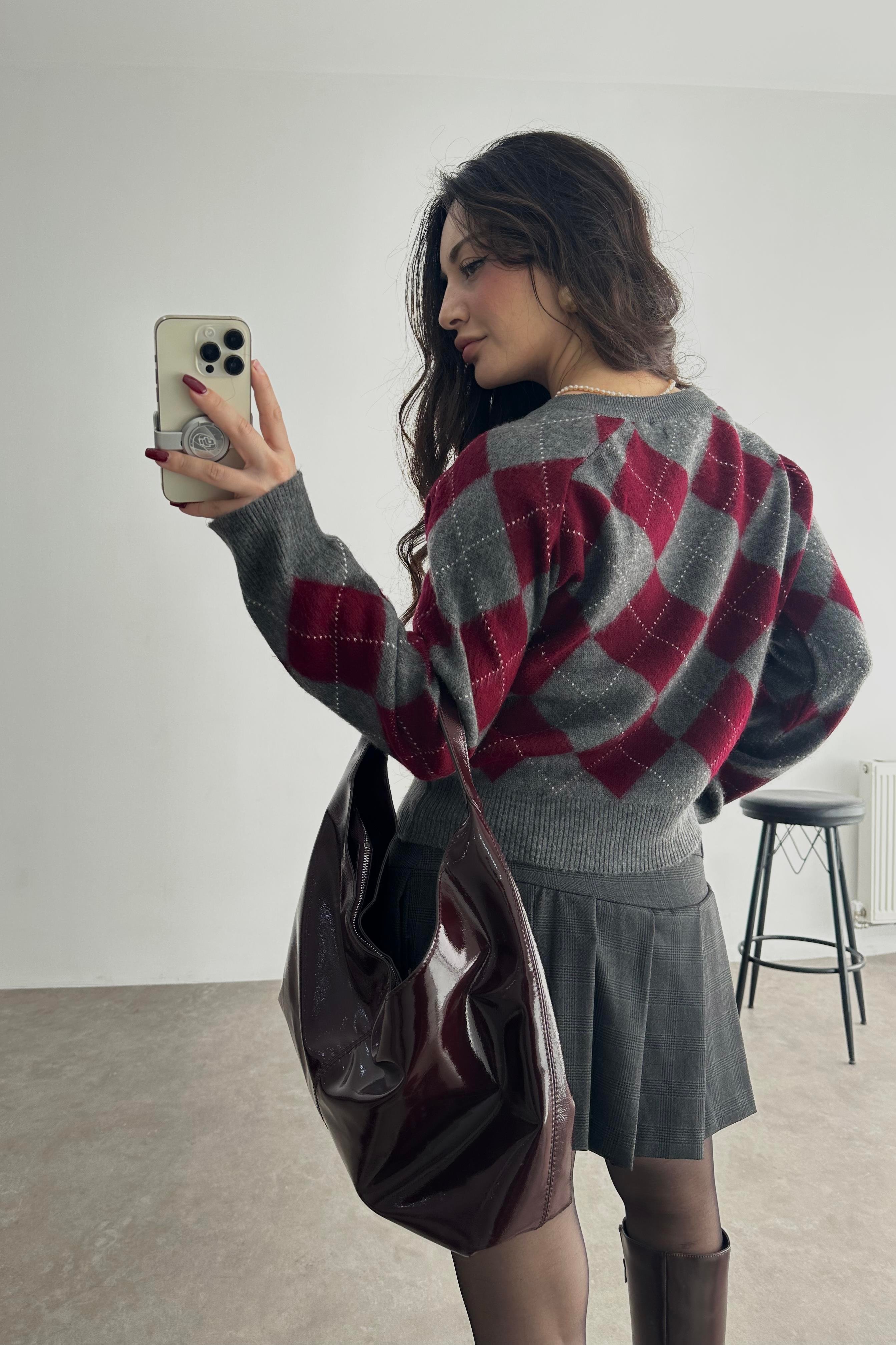 Premium Baklava Desenli Gri/Bordo Kazak