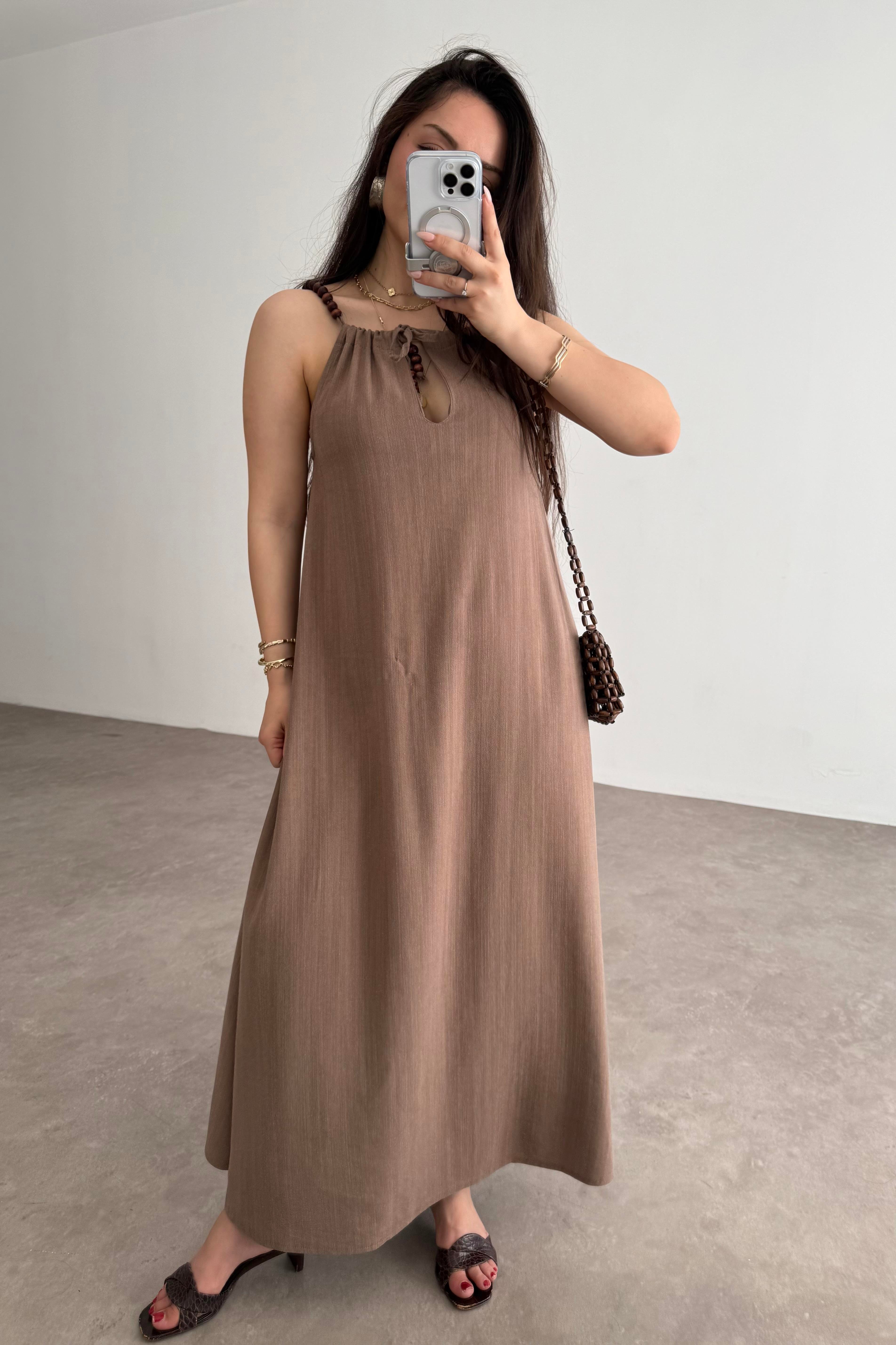 Premium Boncuk Askılı Elbise Vizon