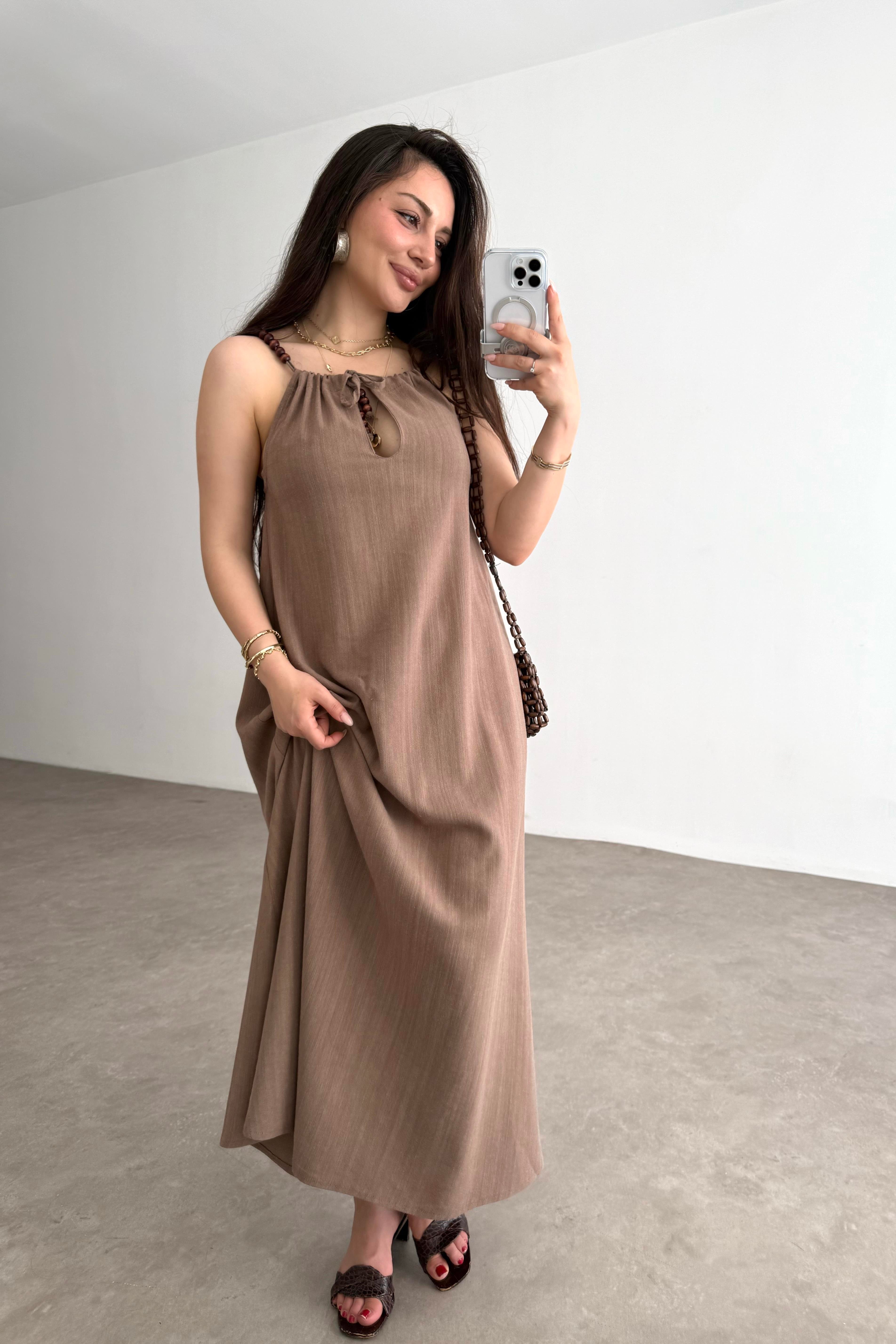 Premium Boncuk Askılı Elbise Vizon