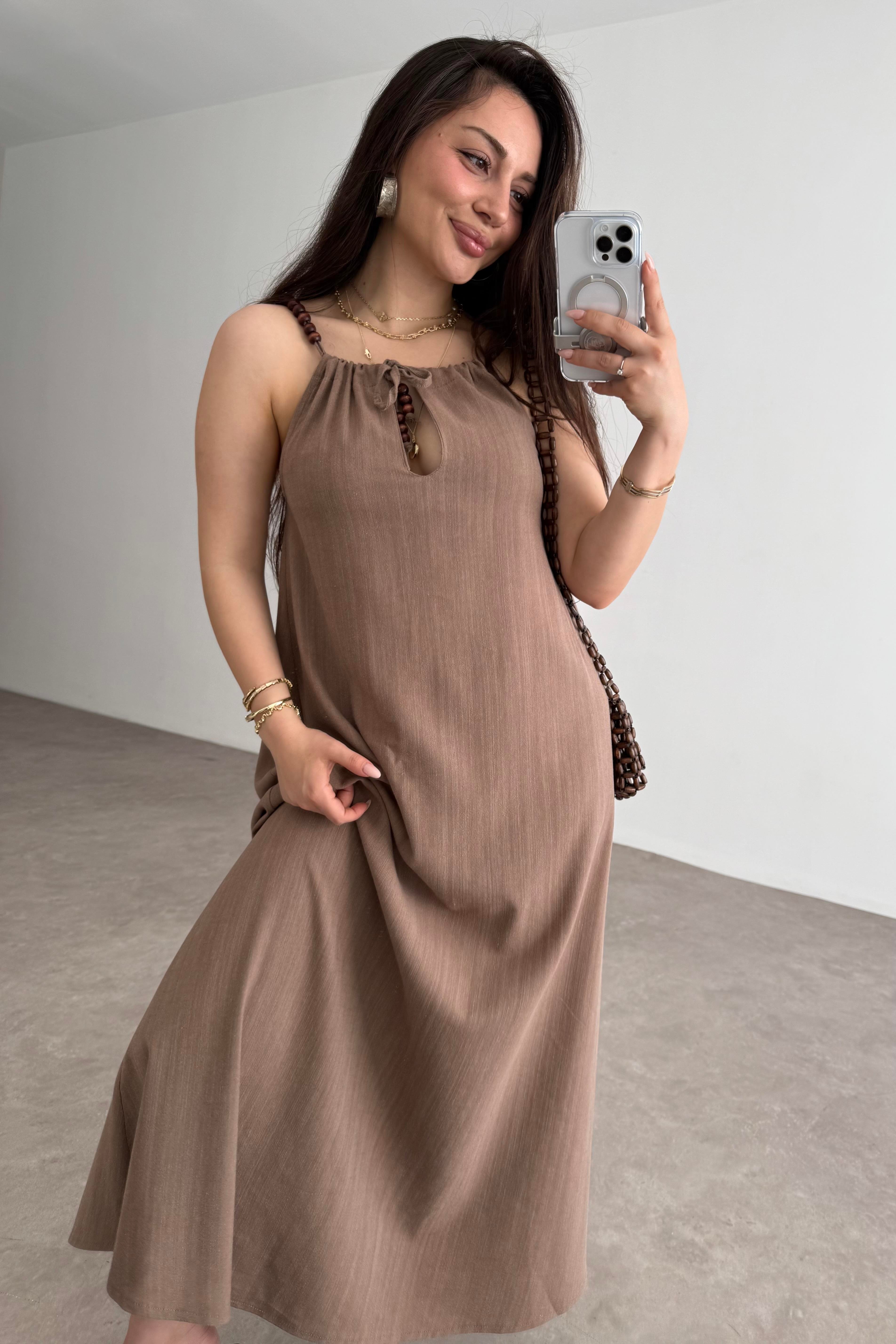 Premium Boncuk Askılı Elbise Vizon