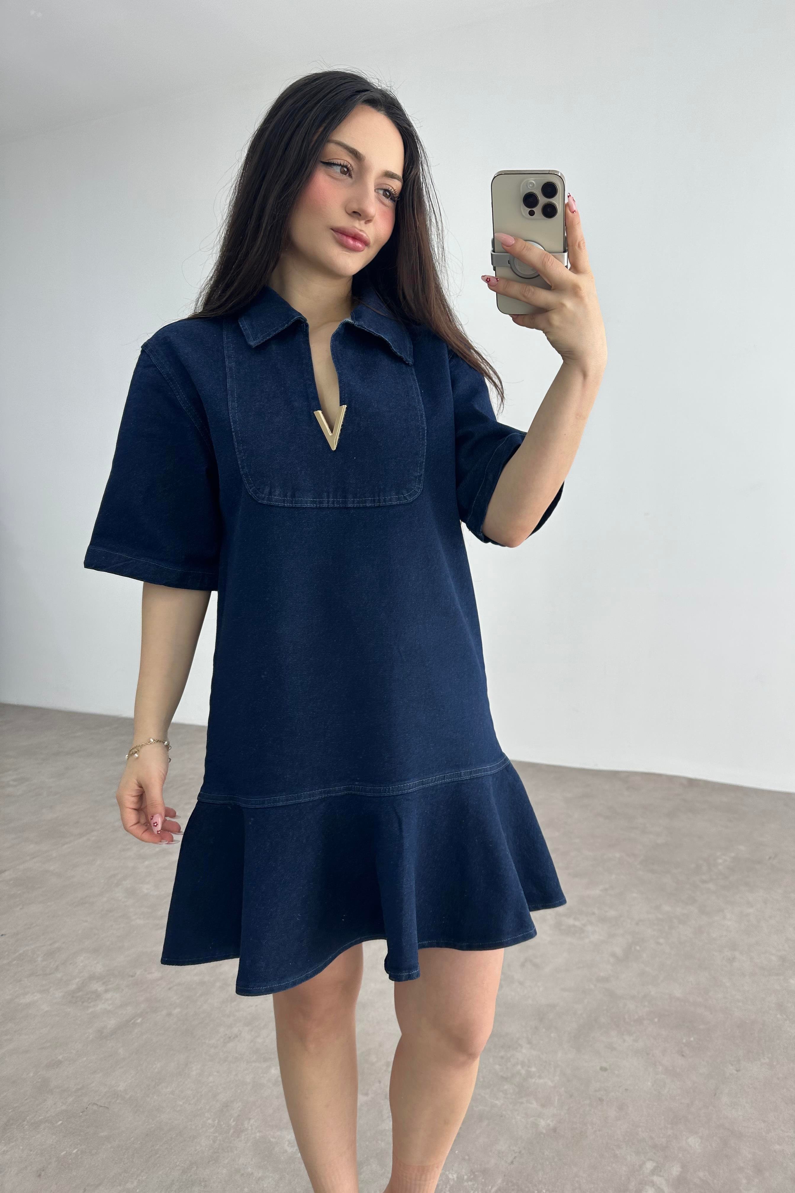 Premium Gold Detaylı Likralı Kot Elbise