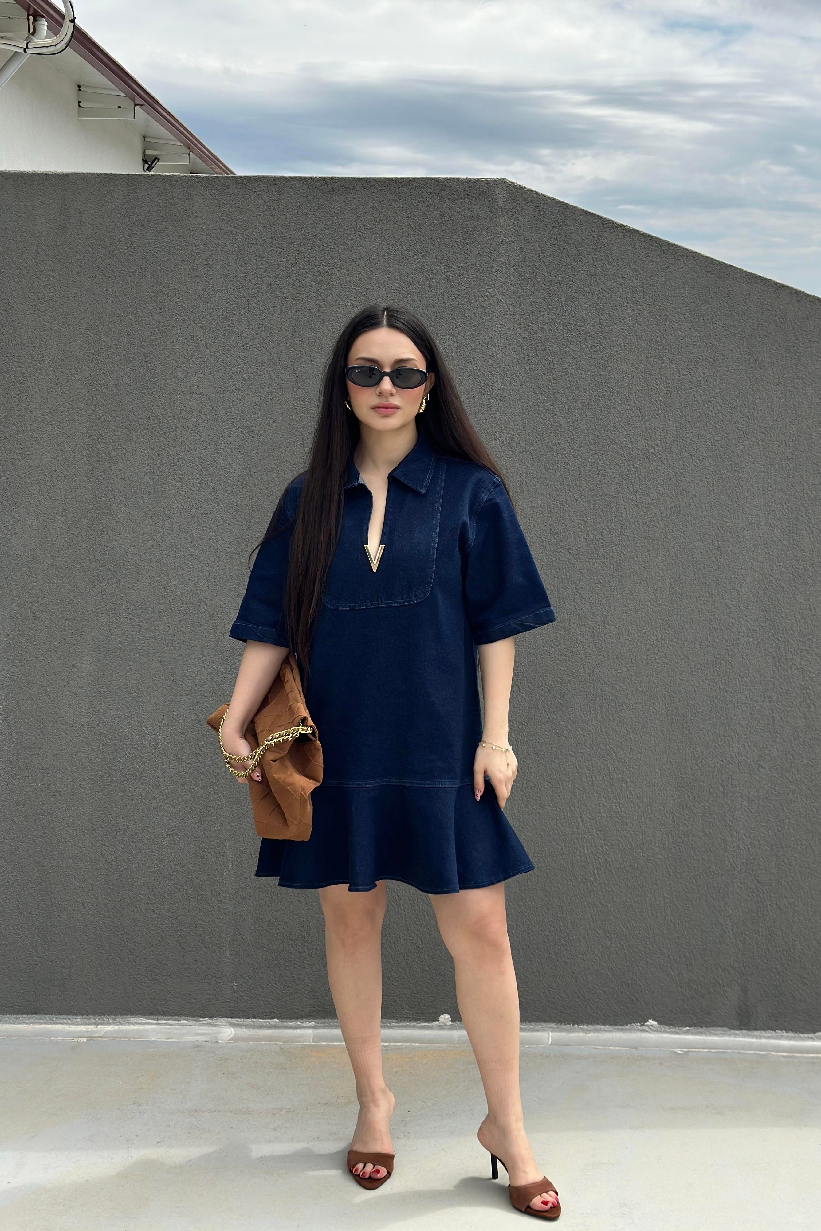 Premium Gold Detaylı Likralı Kot Elbise