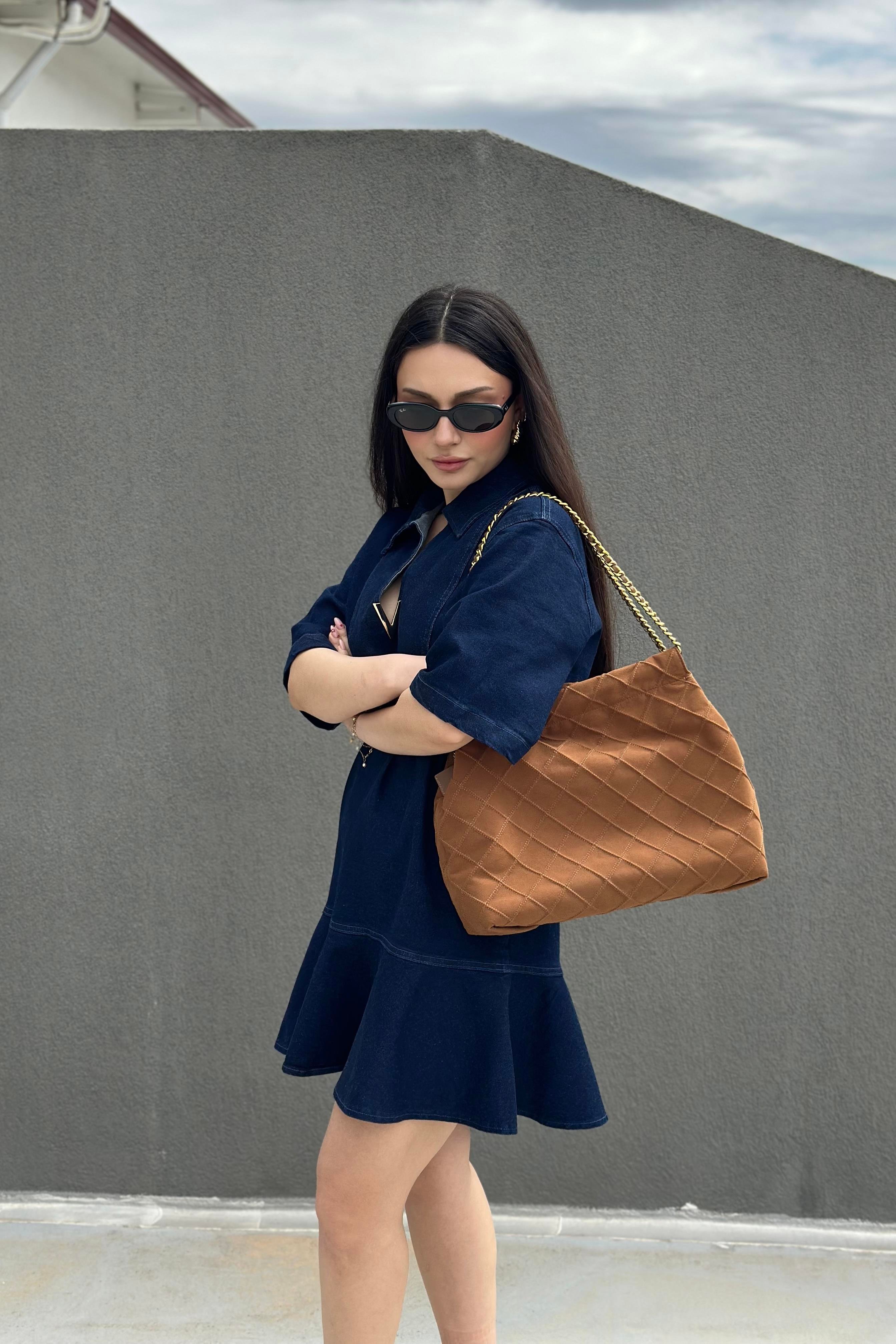 Premium Gold Detaylı Likralı Kot Elbise