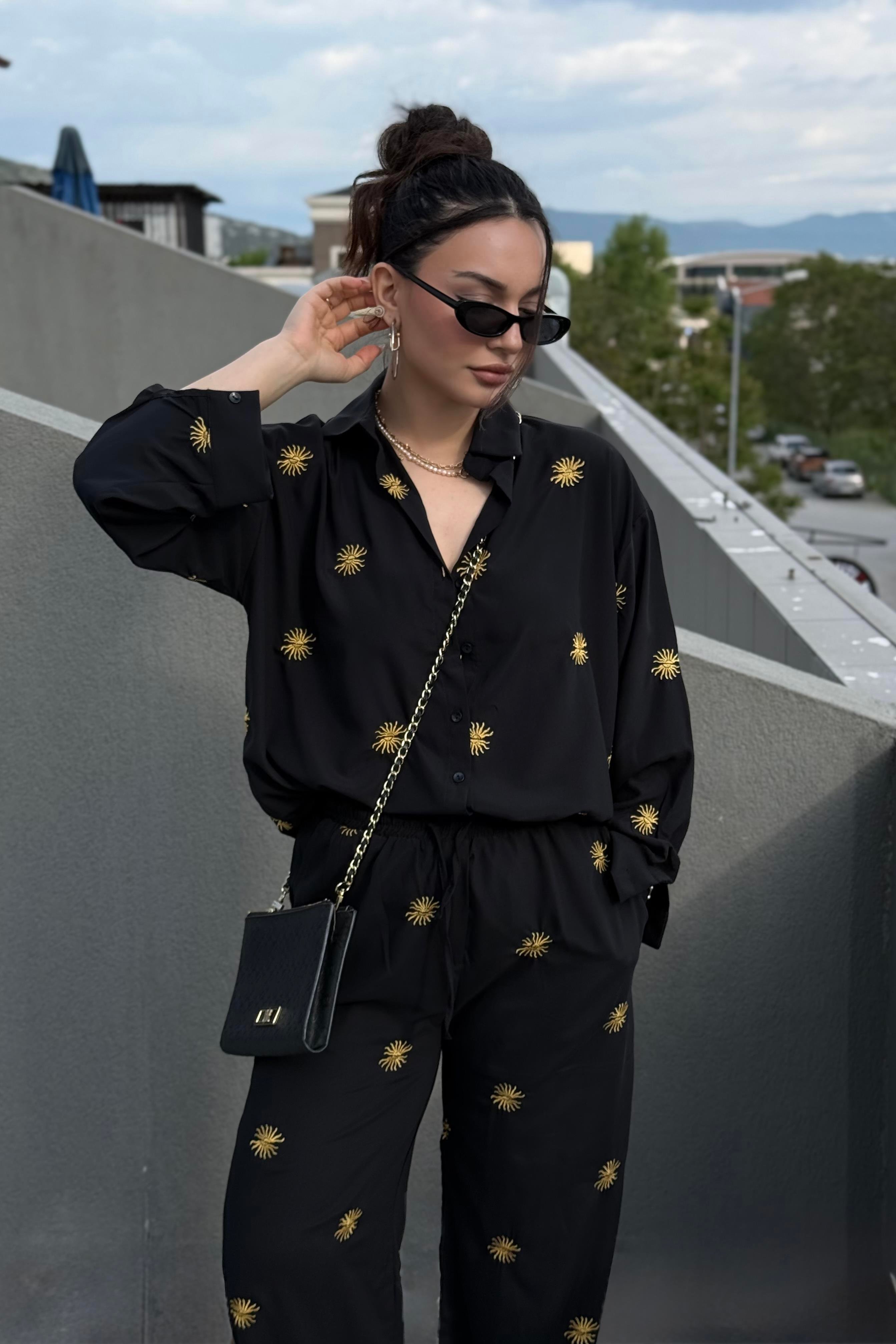 Premium Güneş Nakışlı Siyah Pantolon Gömlek Takım